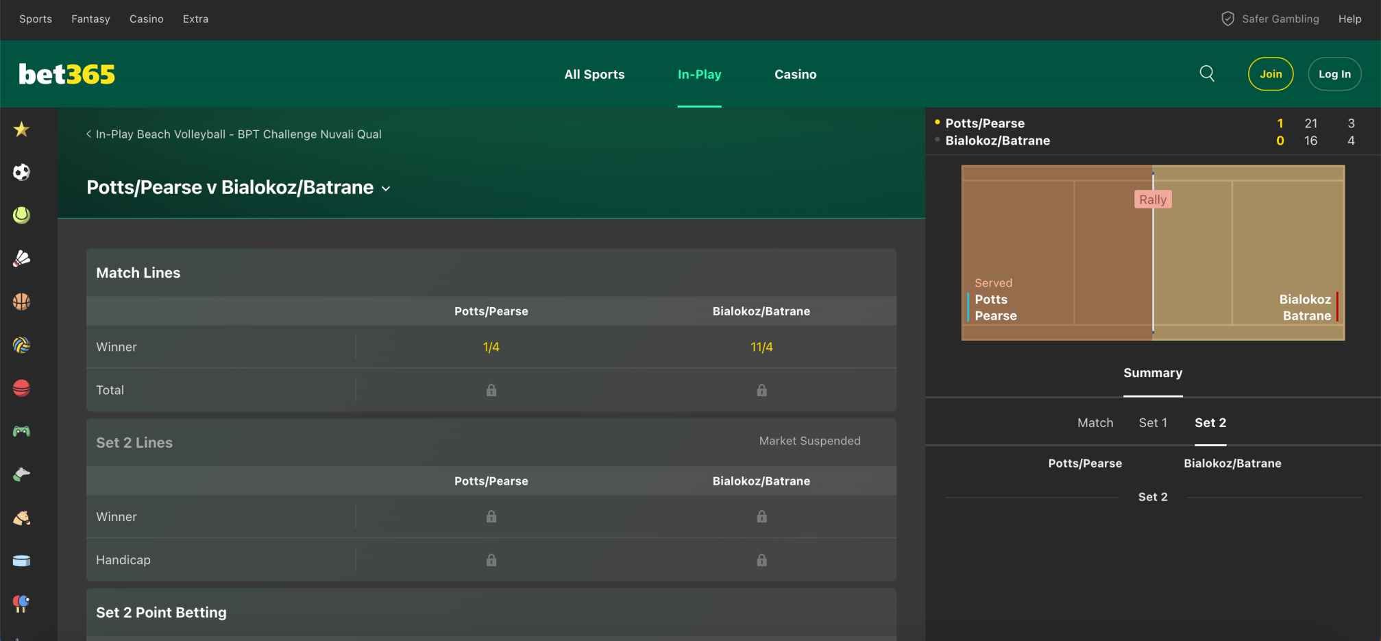 Bet365 in-play match view for Potts and Pearse vs Bialokoz and Batrane in the BPT Challenge Nuvali Qualifier, illustrating real-time volleyball betting options and odds.