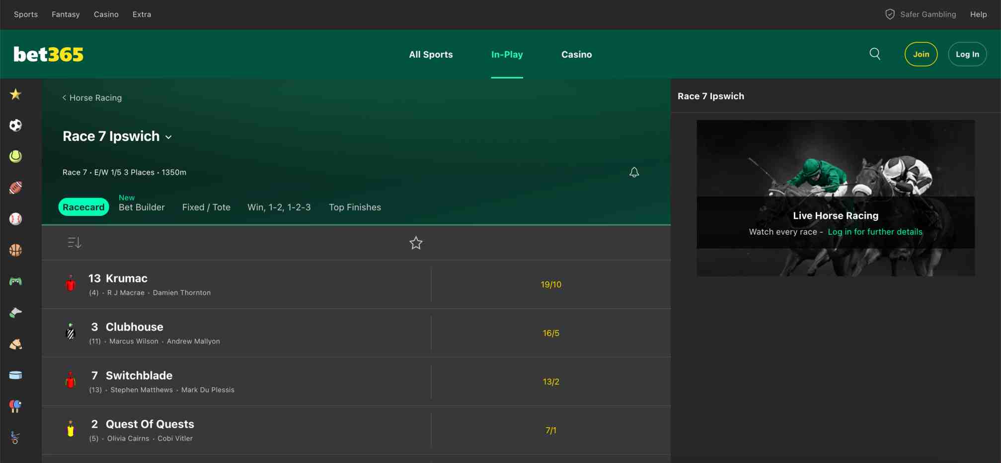Bet365 Race 7 Ipswich betting interface displaying updated odds and live horse racing details — related to Bet365 how long for bank transfer article.