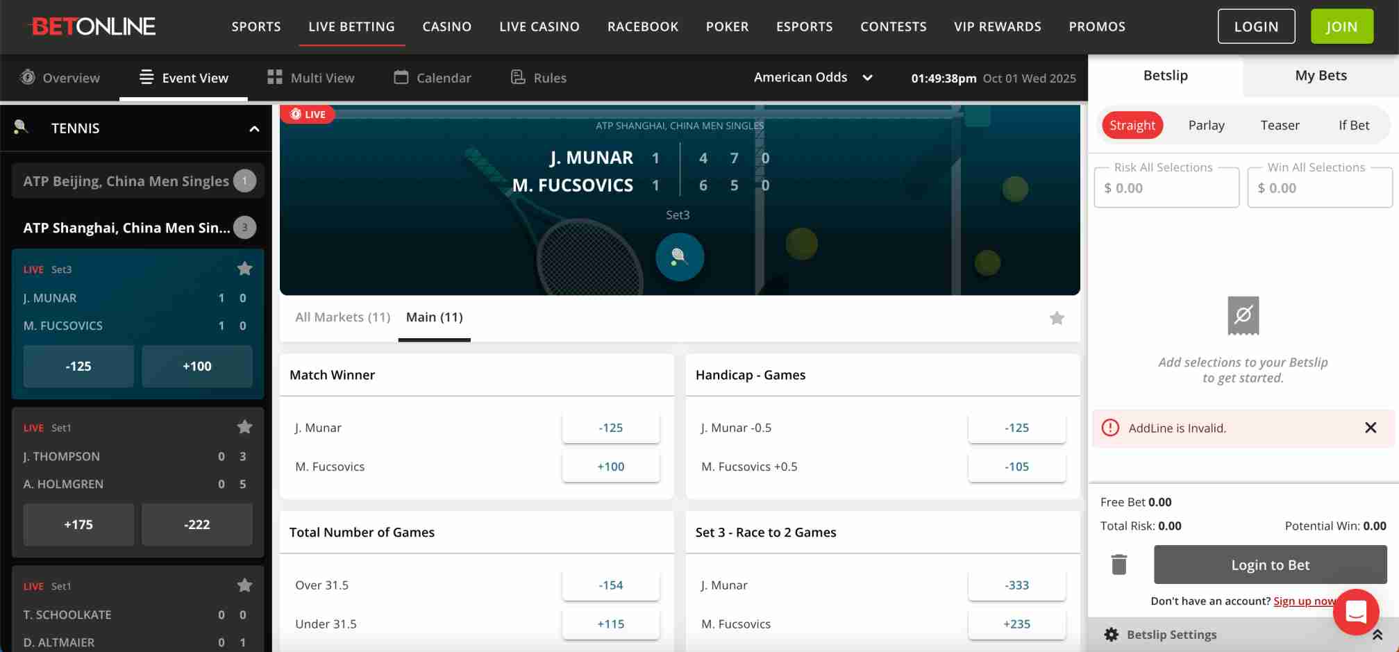 BetOnline live betting interface showing ATP Shanghai match odds for Munar vs Fucsovics