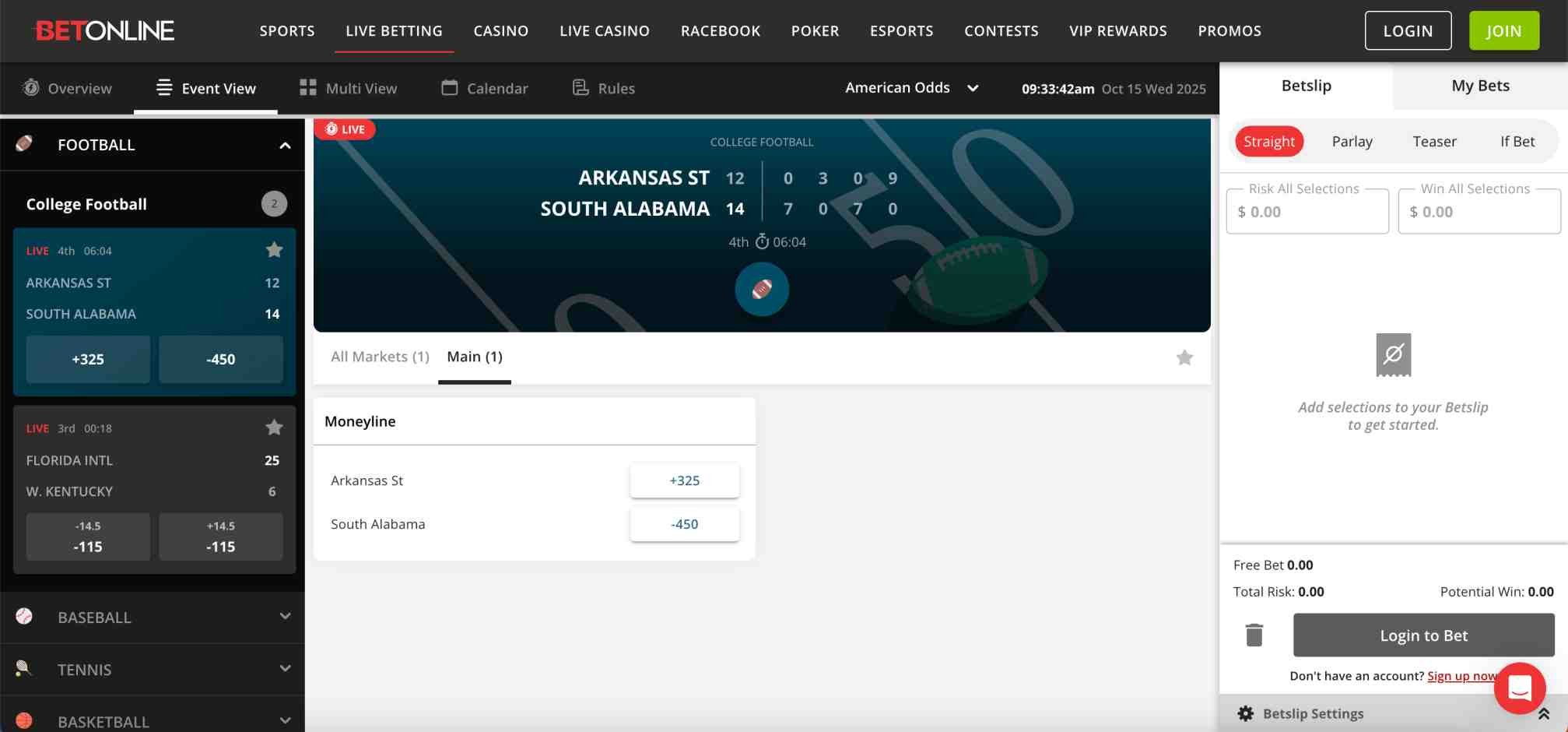 BetOnline live college football betting odds for Arkansas State vs South Alabama game on the BetOnline sportsbook platform.