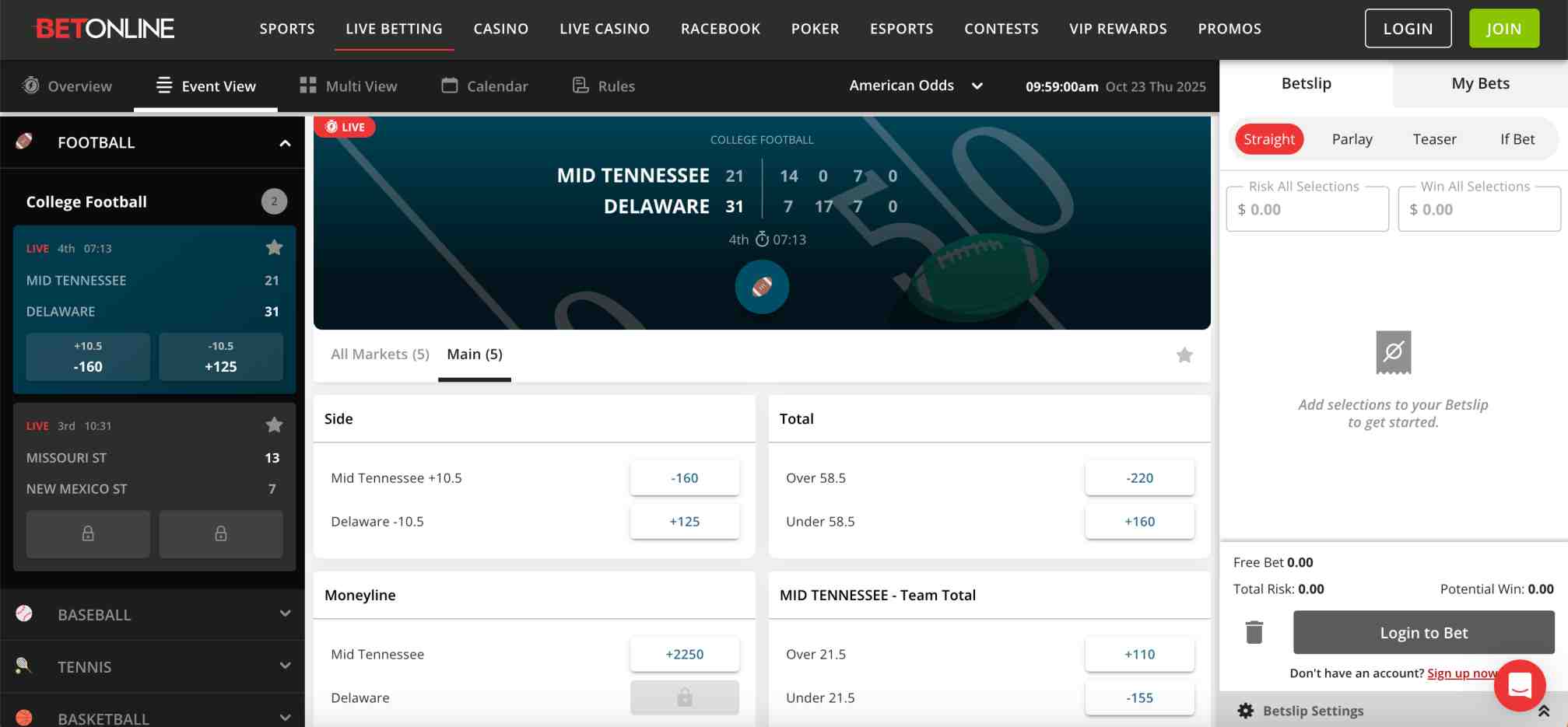 BetOnline event view for college football game Mid Tennessee vs Delaware with live score and betting odds – does BetOnline accept Amex.