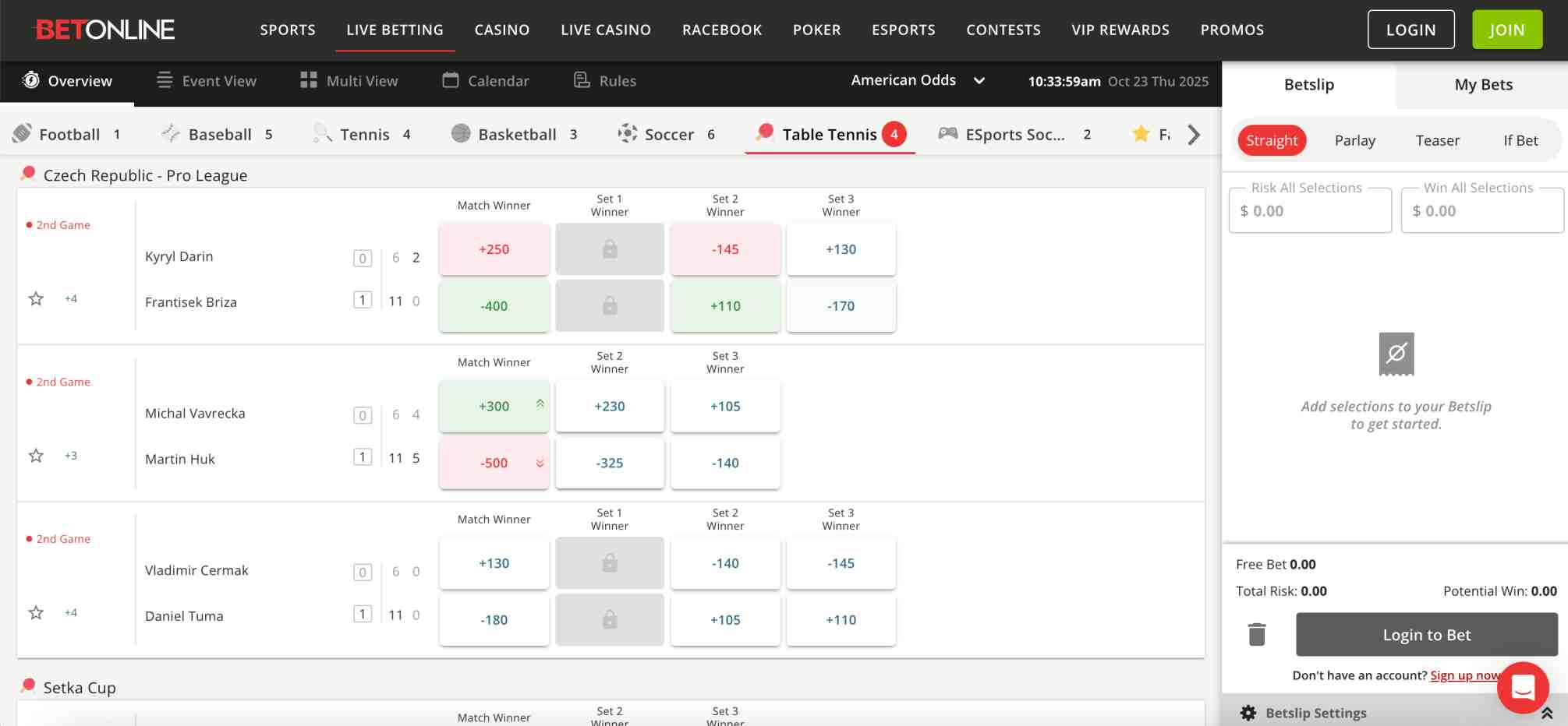 BetOnline Czech Pro League table tennis odds overview — BetOnline Apple Pay withdrawal declined.