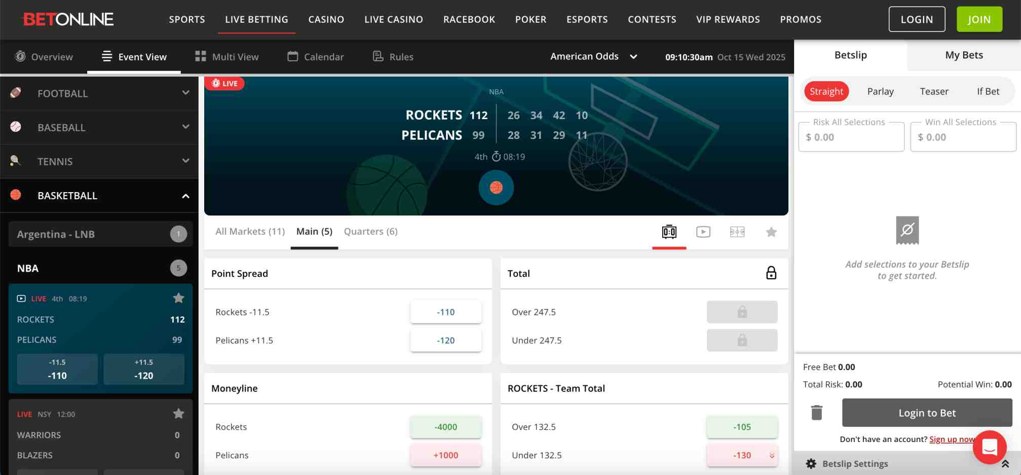 BetOnline event view displaying live NBA odds for Rockets vs Pelicans game with betting markets and scores