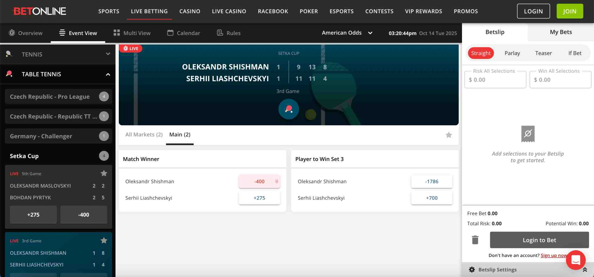 BetOnline event view displaying live Setka Cup table tennis match between Oleksandr Shishman and Serhii Liashchevskyi with match odds.