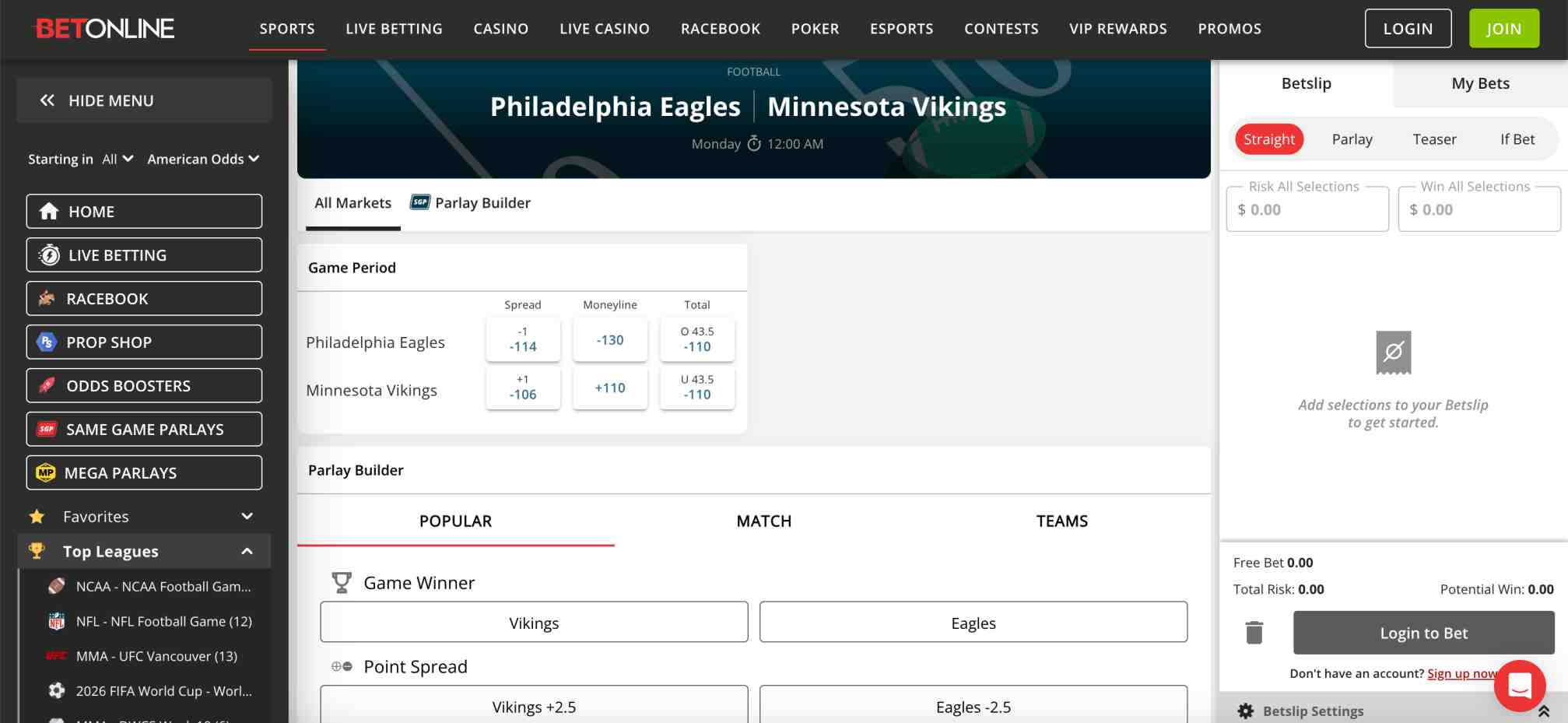 BetOnline football betting odds for the Philadelphia Eagles vs Minnesota Vikings matchup, displaying spreads, moneylines, and totals on the sportsbook platform