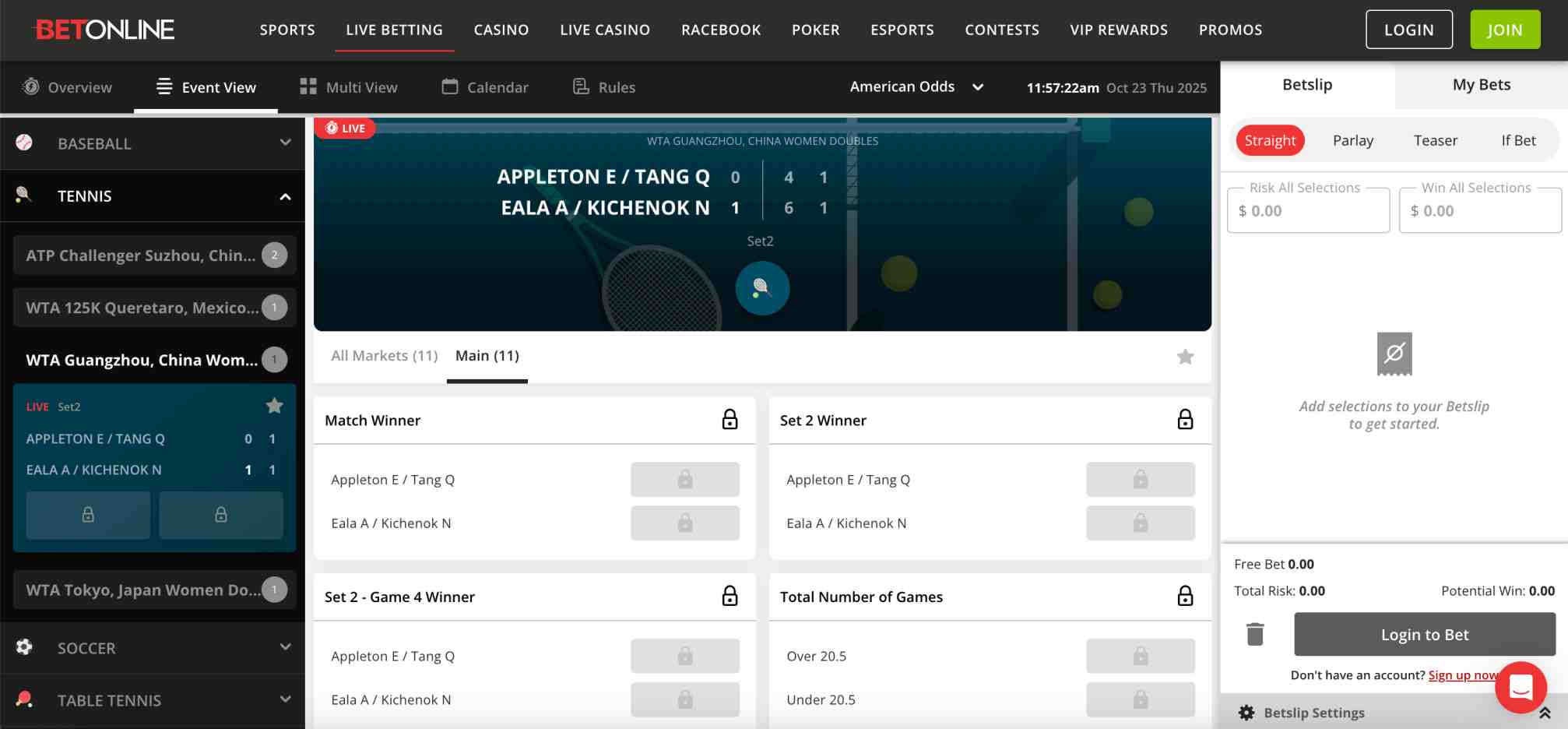 BetOnline live match view showing Appleton and Tang versus Eala and Kichenok doubles match in progress.