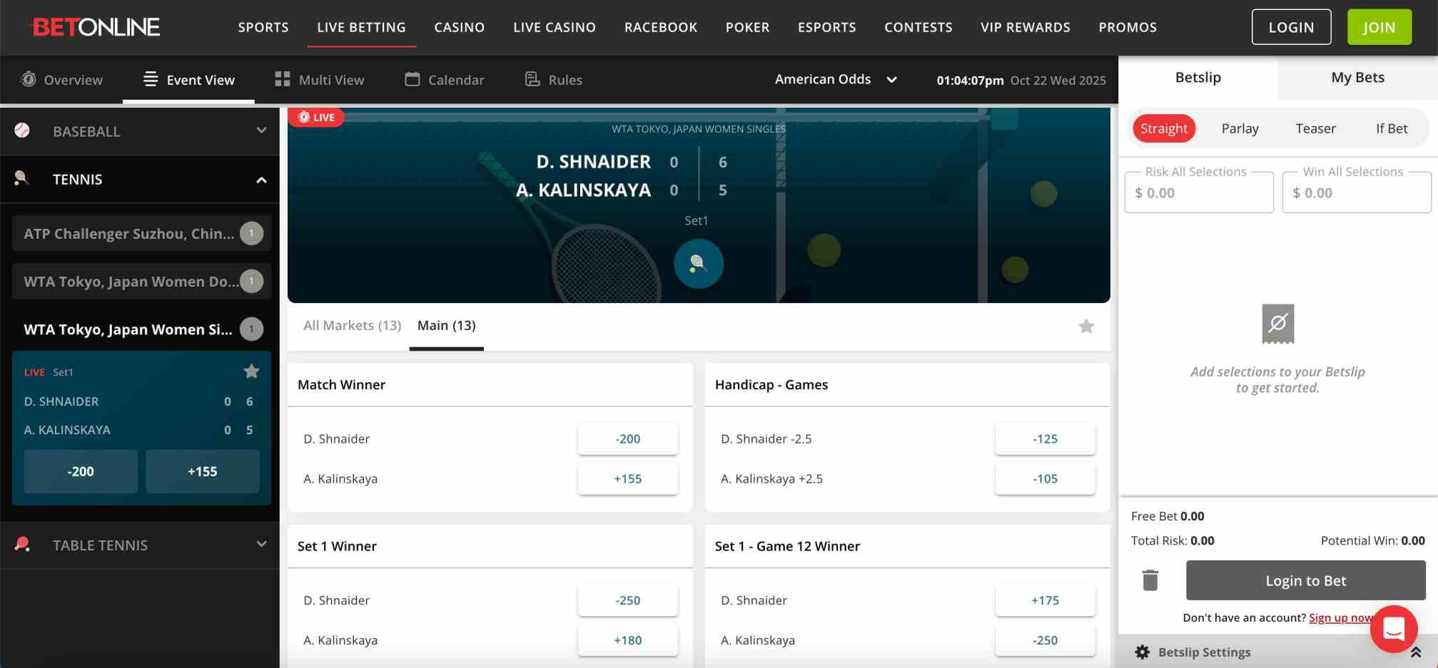 BetOnline live tennis betting interface showing WTA Tokyo match odds between D. Shnaider and A. Kalinskaya