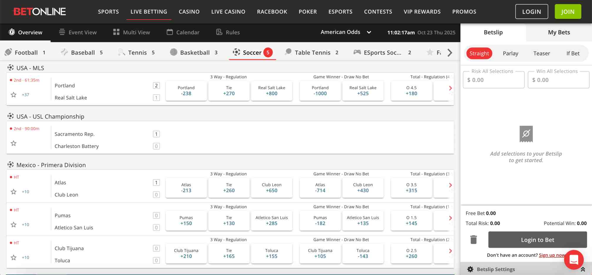 BetOnline soccer betting odds overview with live MLS and Mexico Primera Division games — does BetOnline work in Texas.