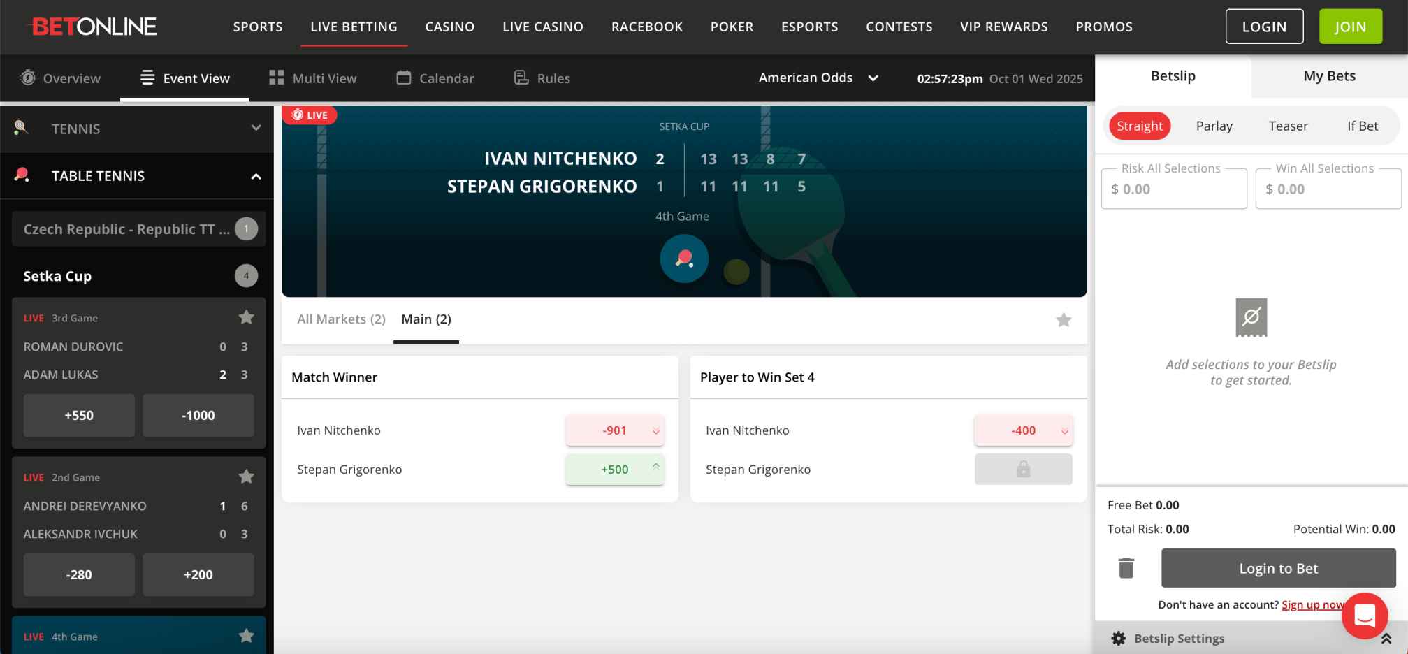 Live betting screen on BetOnline featuring table tennis match odds
