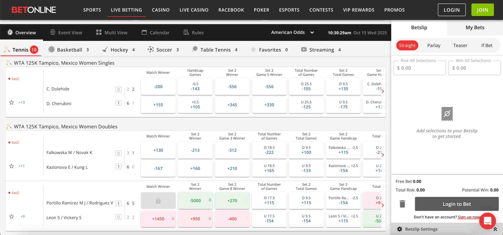 BetOnline live tennis betting odds for WTA 125K Tampico matches showing each way and handicap options