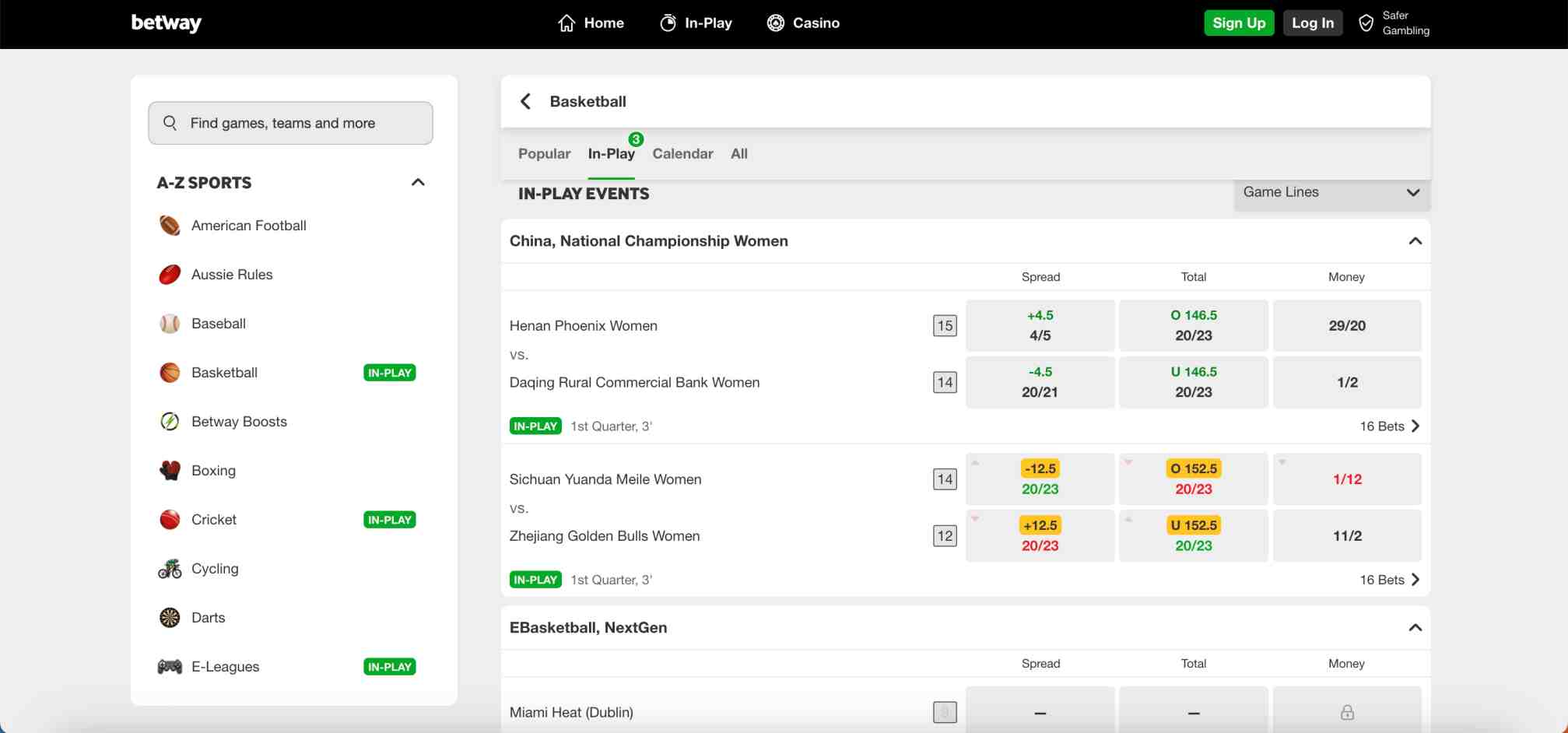 Betway basketball in-play betting screen displaying live odds and spreads for women’s national championship.