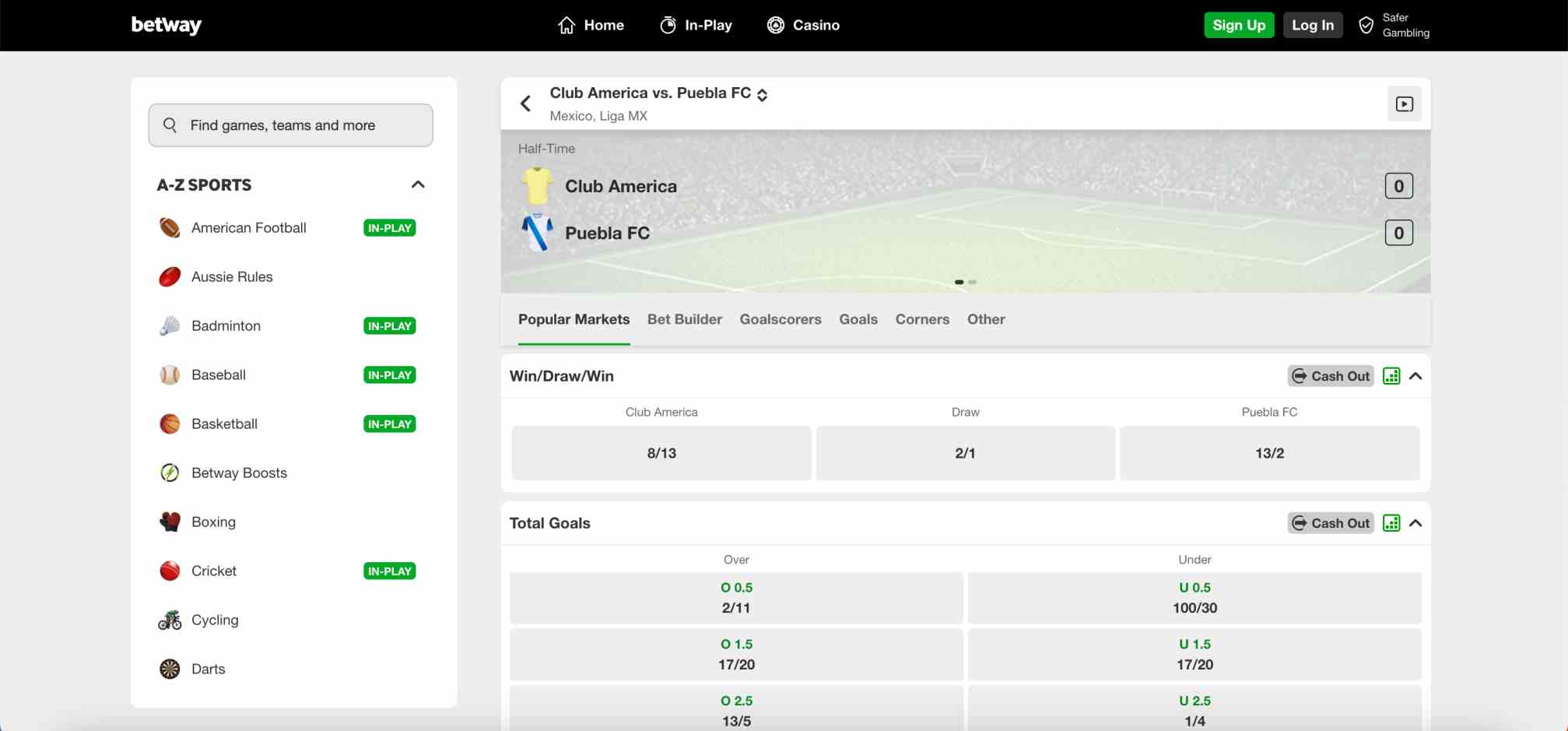 Betway match page displaying Club America vs Puebla FC odds and markets, illustrating how full time result includes extra time question.