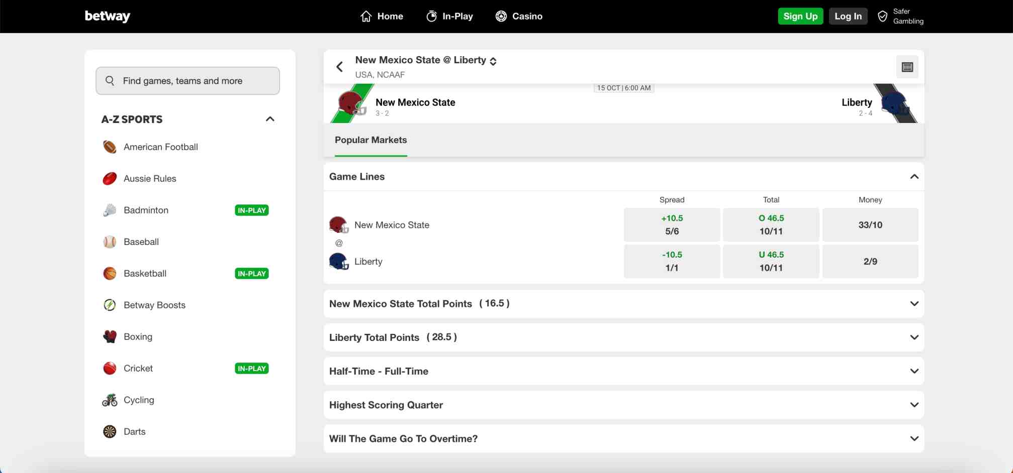 Betway game details page displaying New Mexico State vs Liberty odds and markets, illustrating possible reasons why you can’t cash out on Betway.