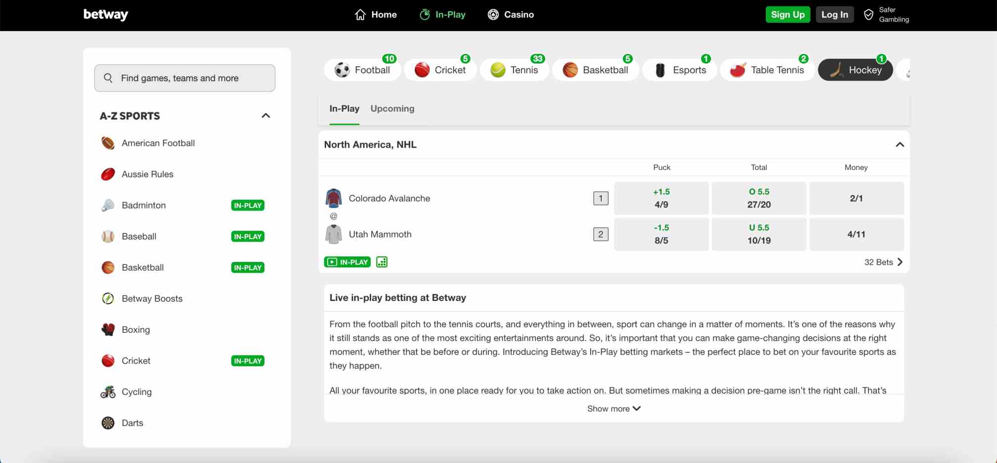 Betway game statistics for Colorado Avalanche vs Utah Mammoth showing live scores and player stats — example for Can Betway refuse to pay out article.