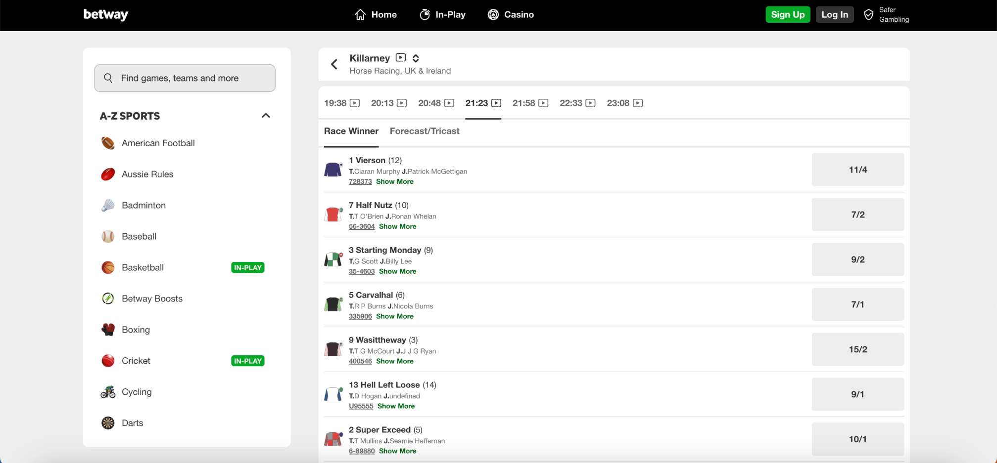 Betway horse racing betting odds for Killarney race — example of runners and prices explained in Betway what does each way mean article.