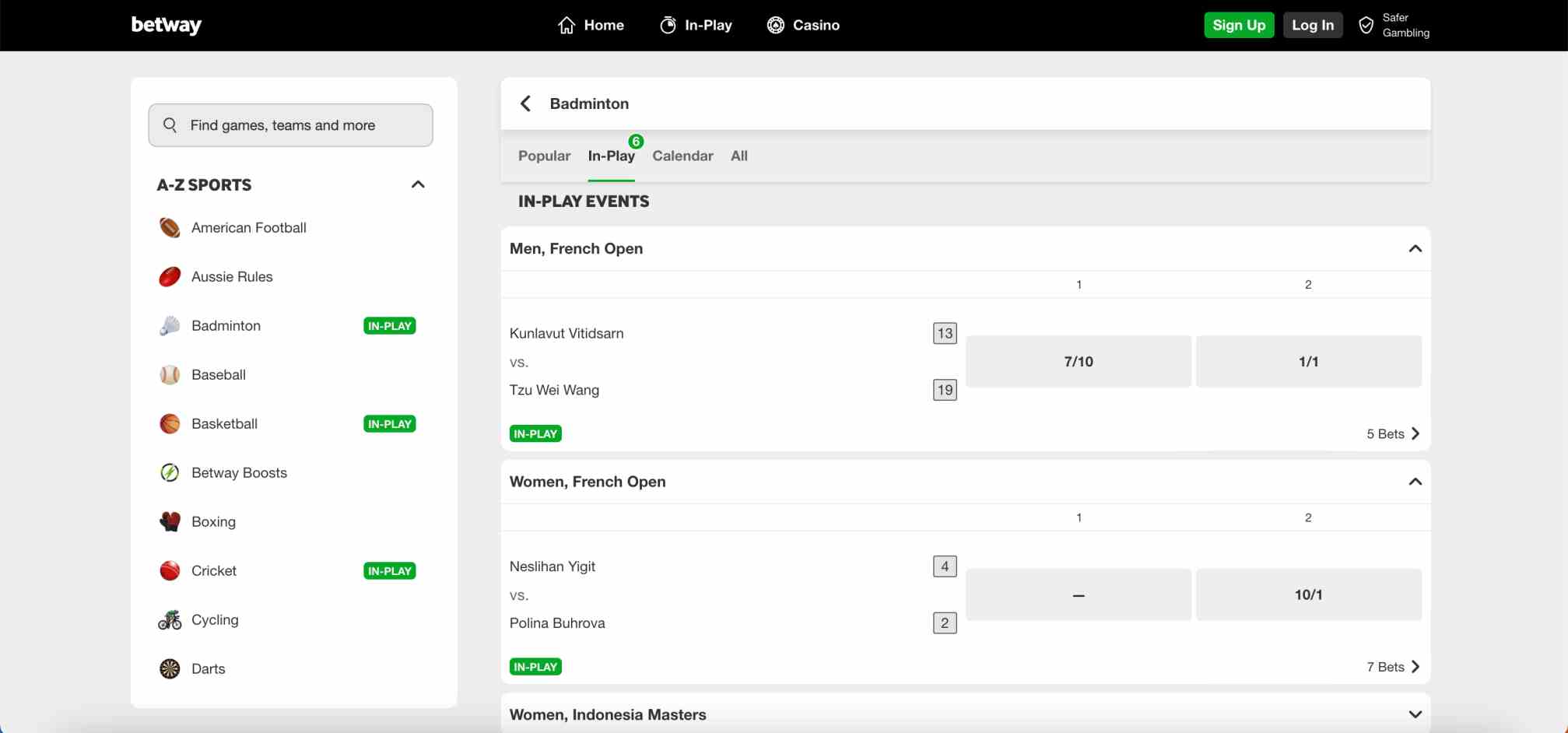 In-play Betway betting page displaying ongoing badminton and other sports matches.