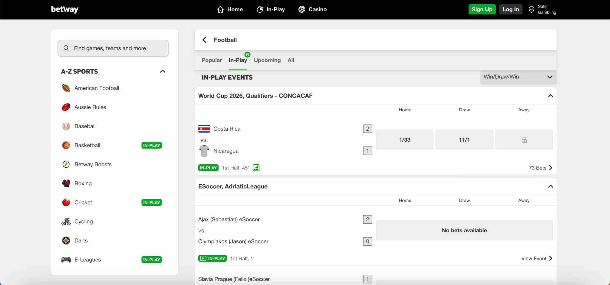 Betway in-play football page displaying Costa Rica vs Nicaragua live World Cup qualifier odds.