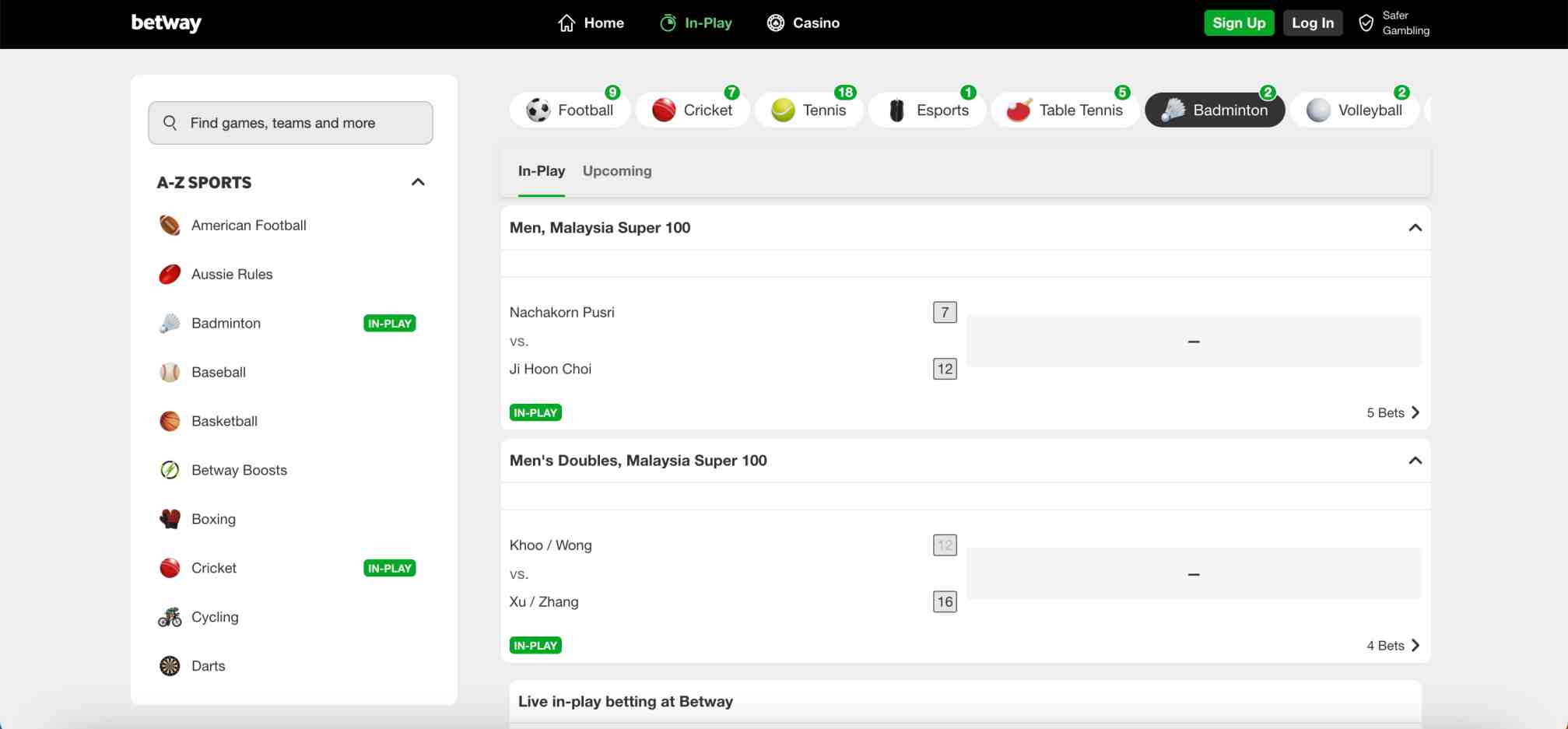 Betway in-play sports betting dashboard showing multiple live badminton matches in the Malaysia Super 100 event.
