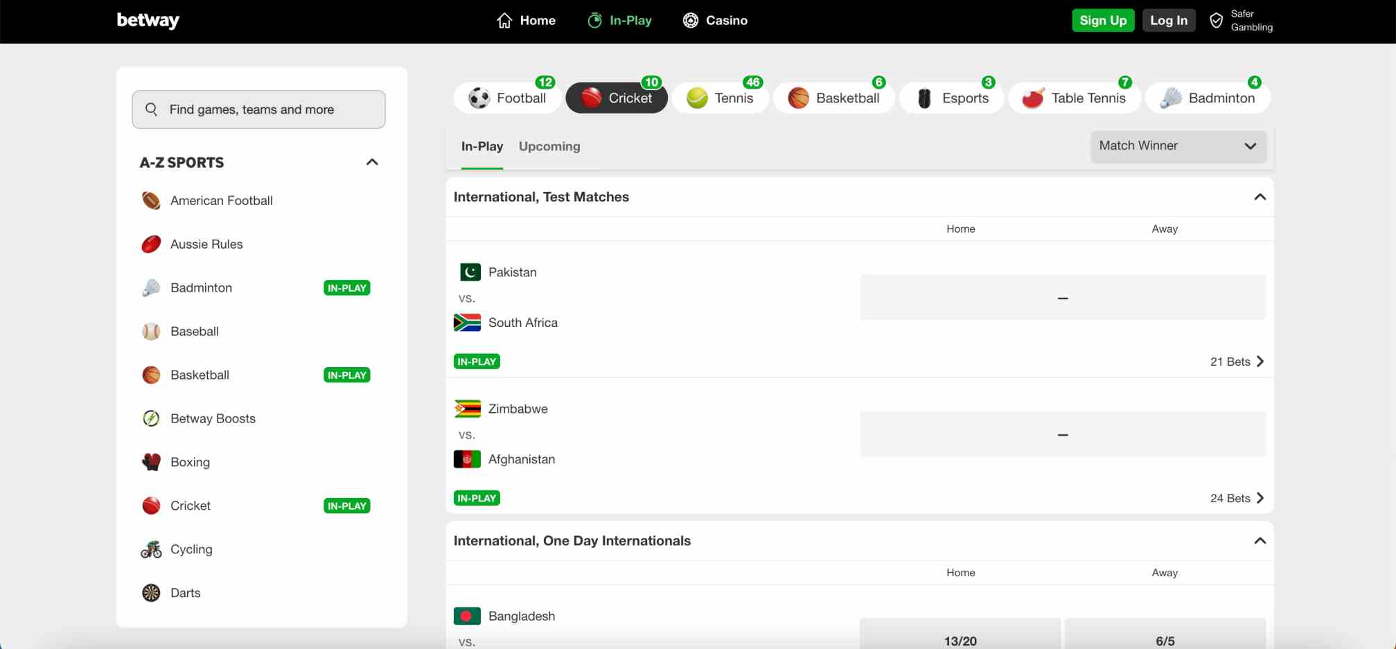 Betway in-play sports betting dashboard displaying cricket and other matches for users exploring cash out options.