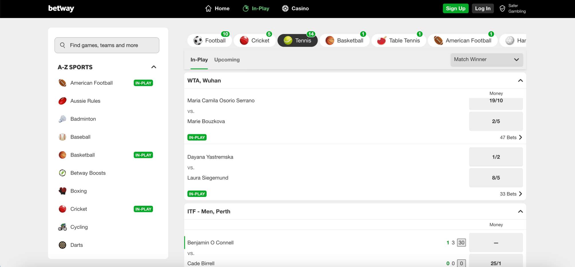 Betway in-play tennis and sports betting markets during live matches, related to Betway accumulator bonus not paid issue.