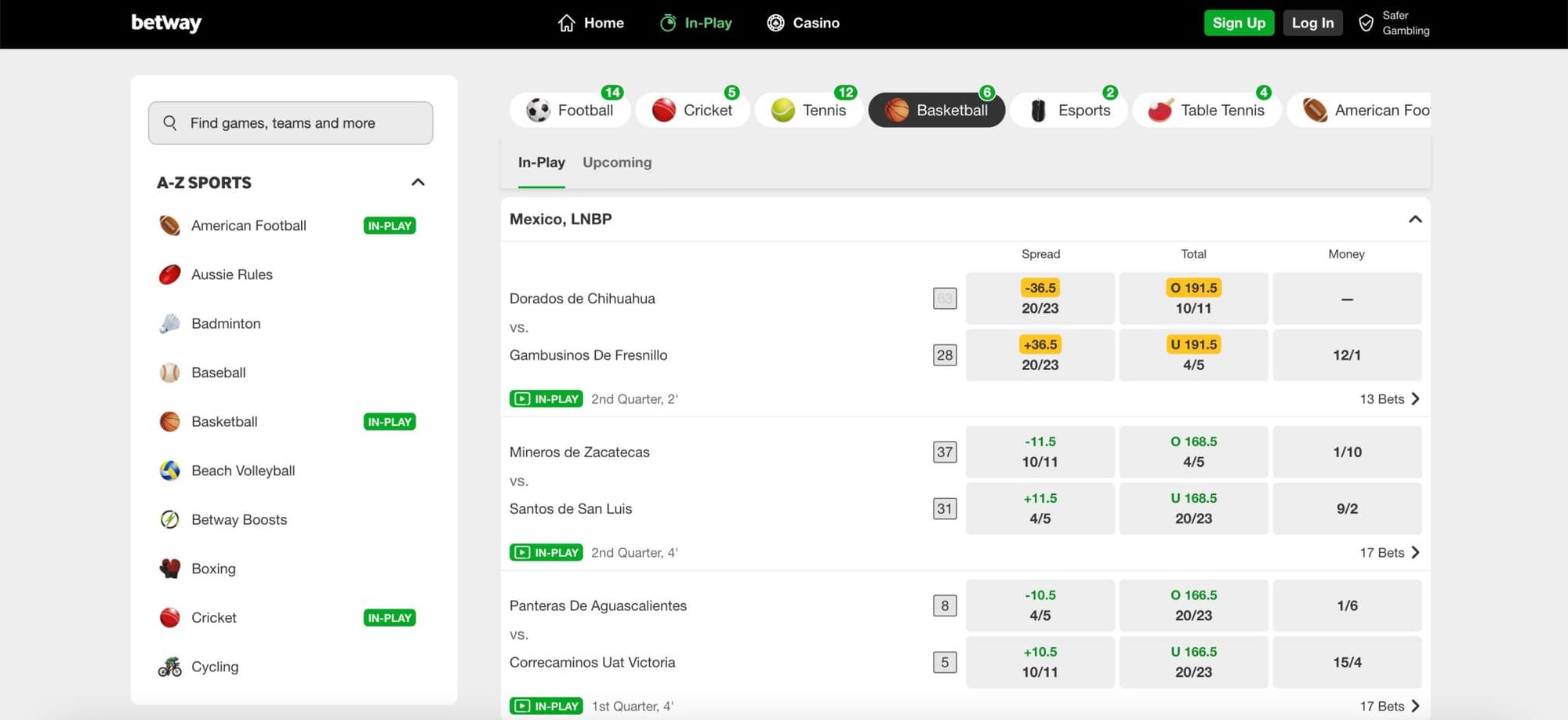 Betway in-play betting markets for Mexico LNBP basketball games with spreads, totals, and odds, relevant to checking if Betway has instant withdrawal.