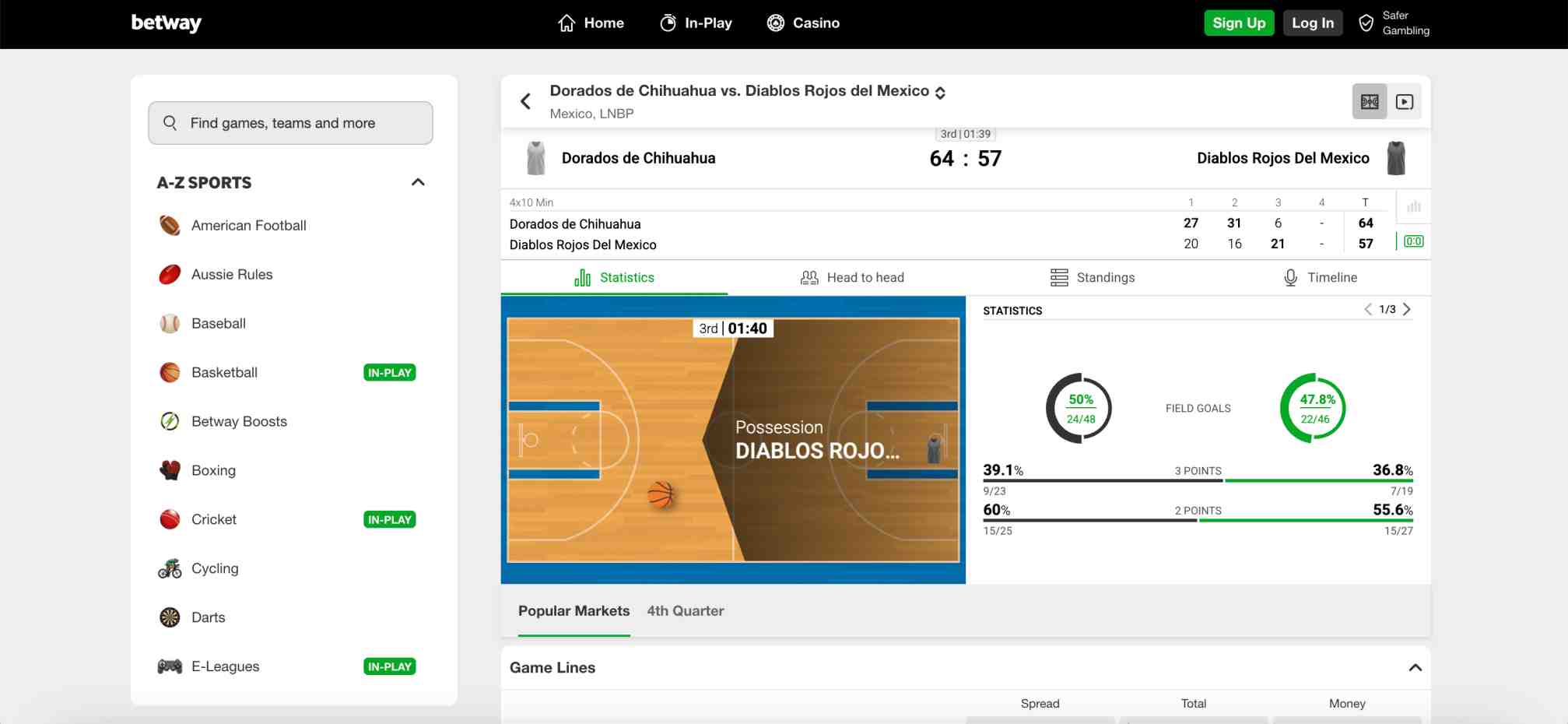 Betway in-play basketball scoreboard of Dorados de Chihuahua vs Diablos Rojos del Mexico, featuring shooting statistics for field goals and three-pointers.