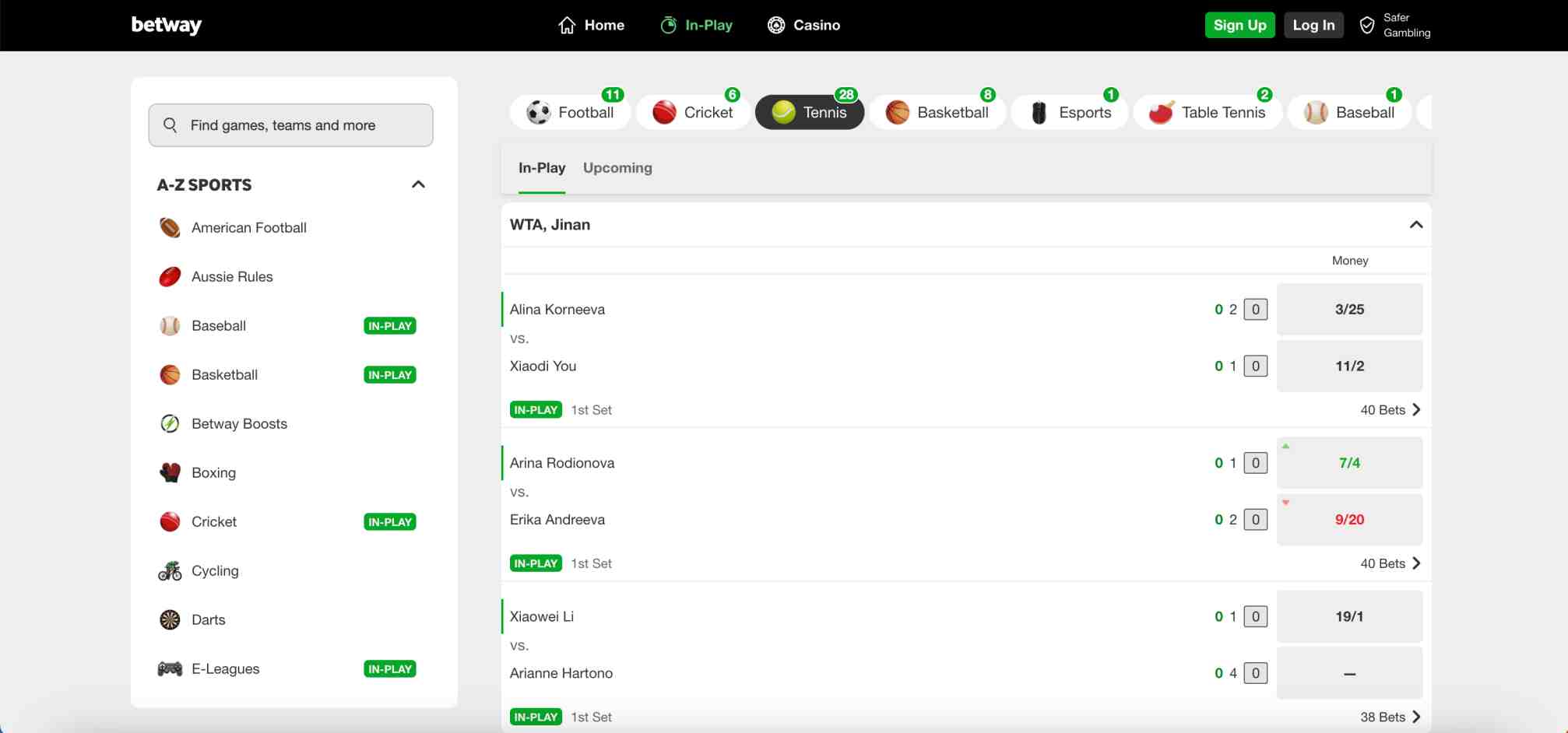 Betway in-play tennis betting page showing multiple WTA Jinan matches and live odds — illustration of Betway platform for New Zealand players checking withdrawal times.