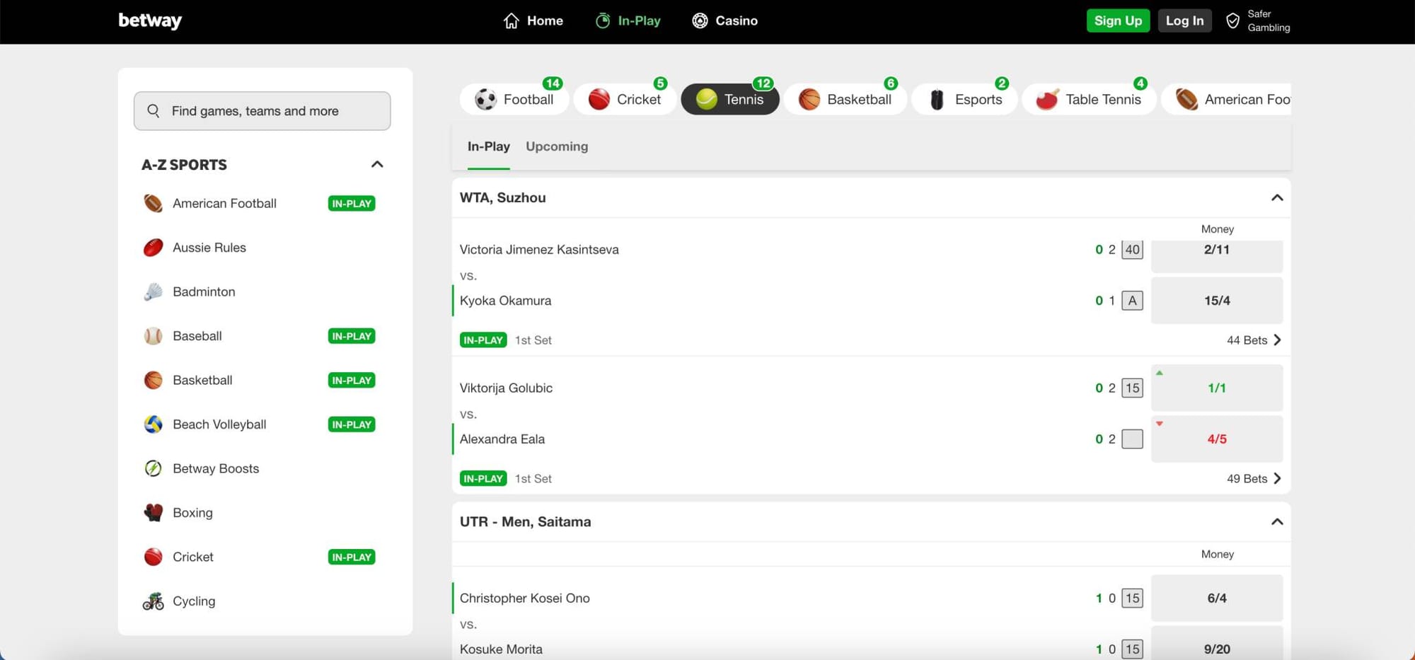 Betway in-play tennis betting screen displaying multiple matches and live odds including Viktoriya Golubic vs Alexandra Eala in the WTA Suzhou tournament.
