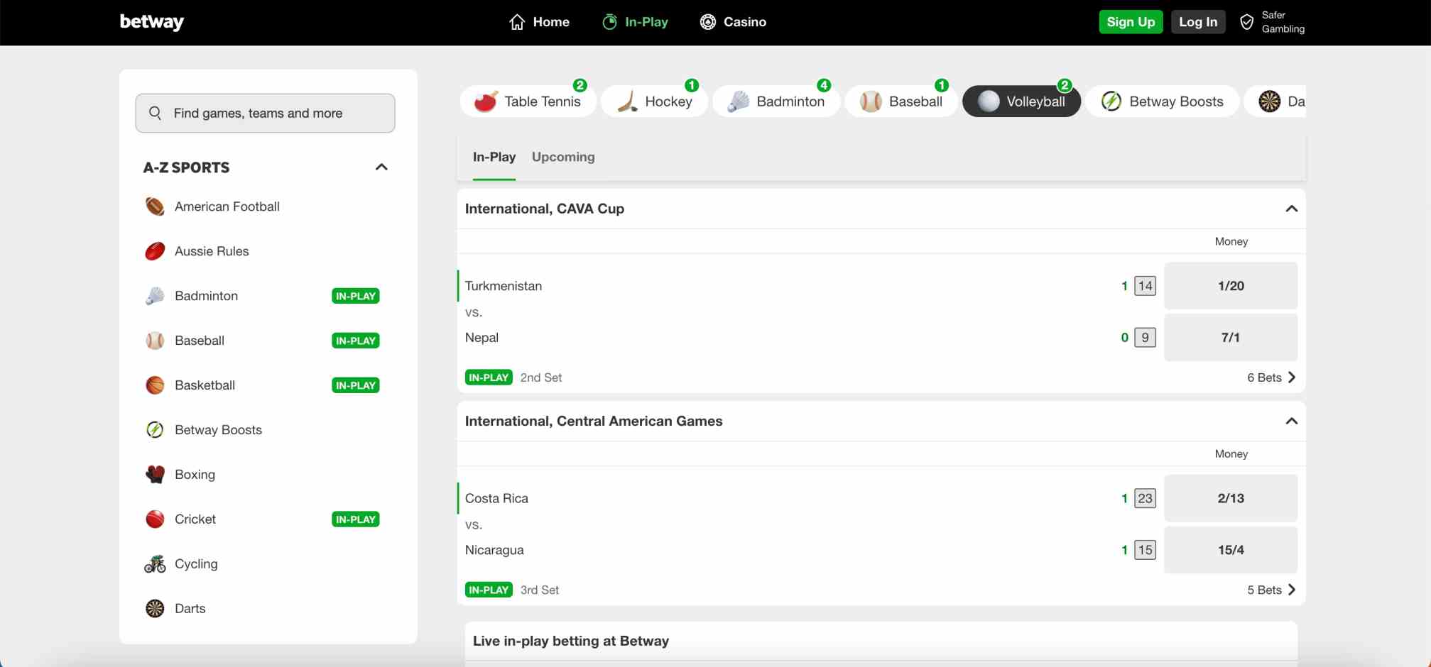 Betway in-play betting page showing international volleyball matches for users in India using Betway Netbanking deposit.