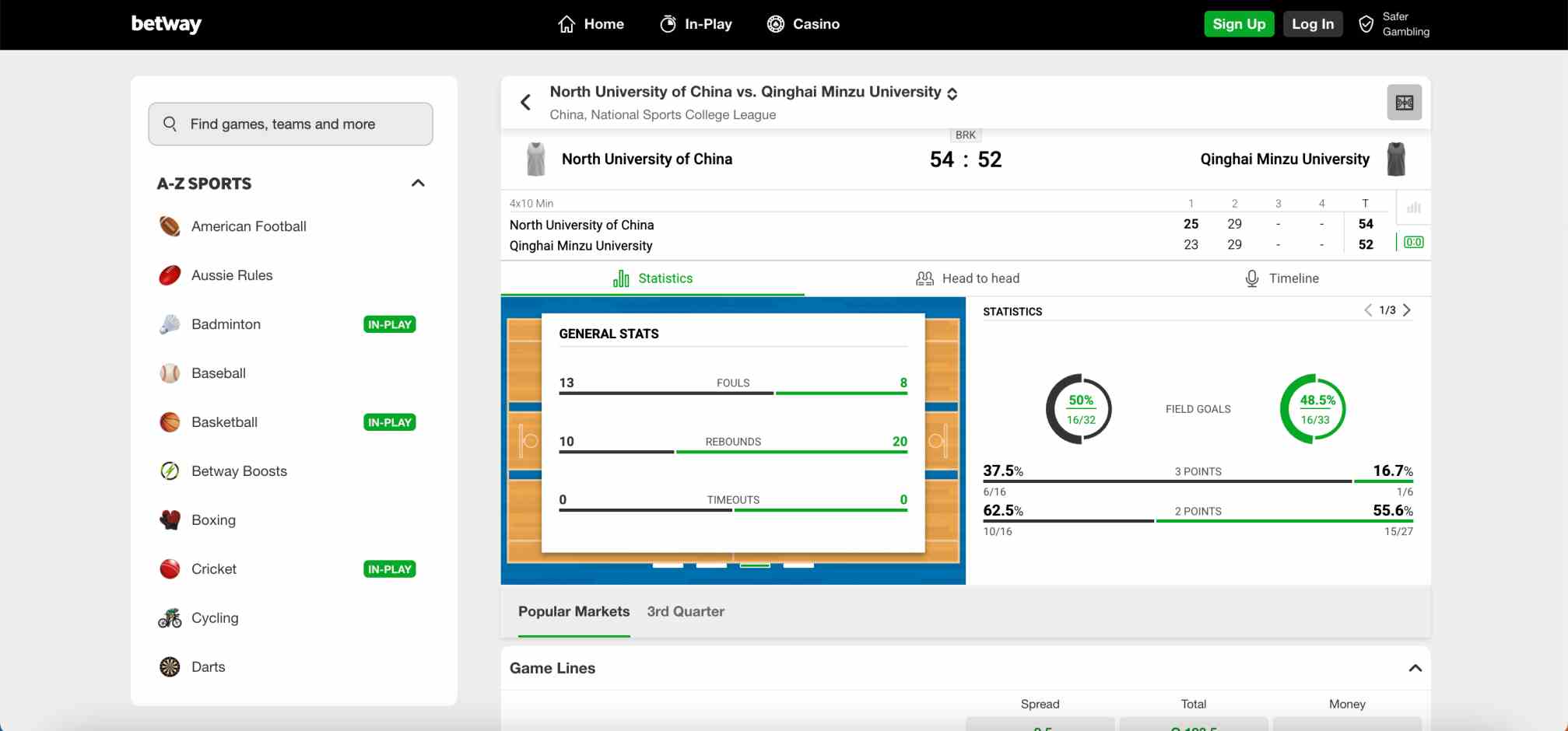 Live game stats and score screen on Betway for North University of China vs Qinghai Minzu University in basketball.