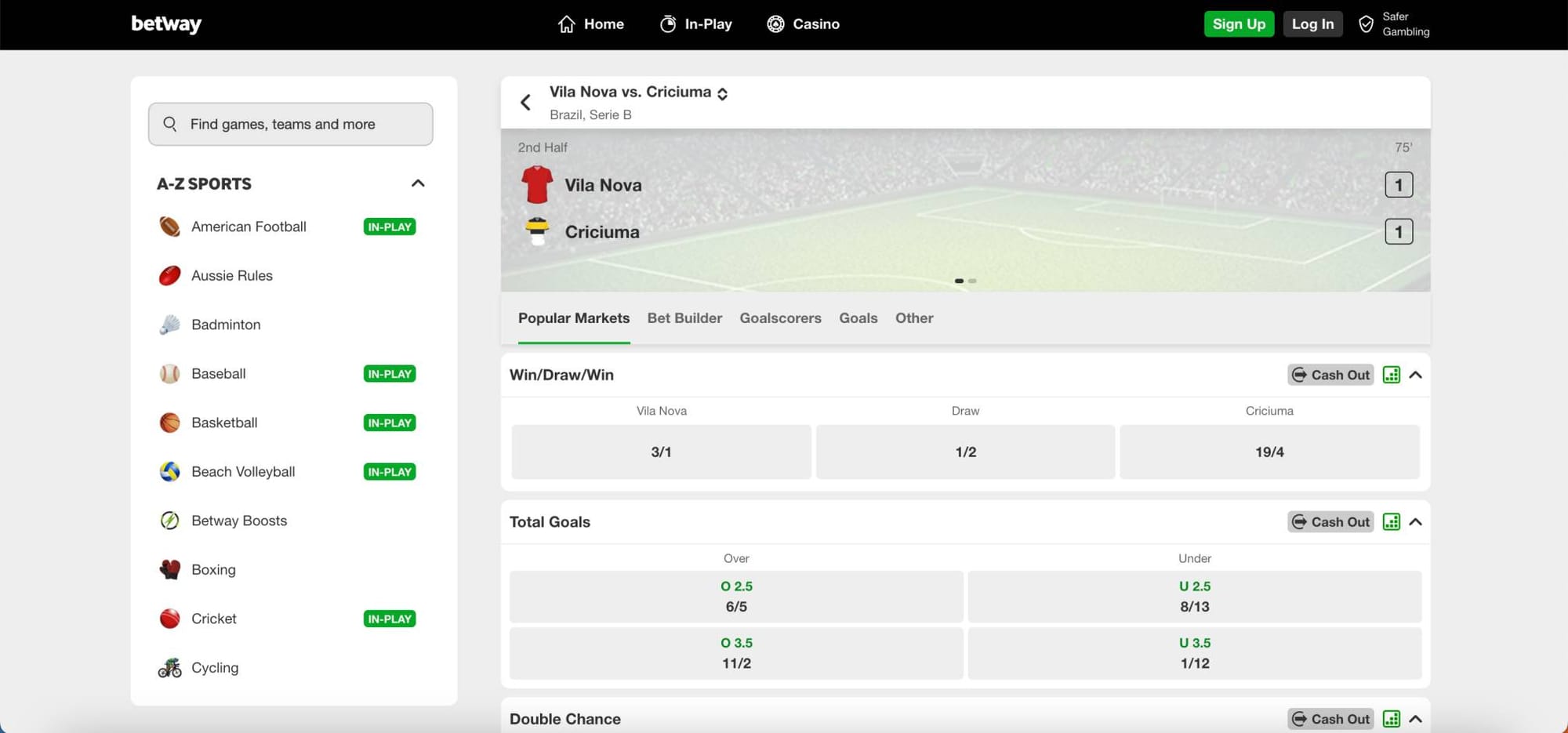 Betway live football betting screen displaying Vila Nova vs Criciuma with odds, win/draw/win market, and goal options.