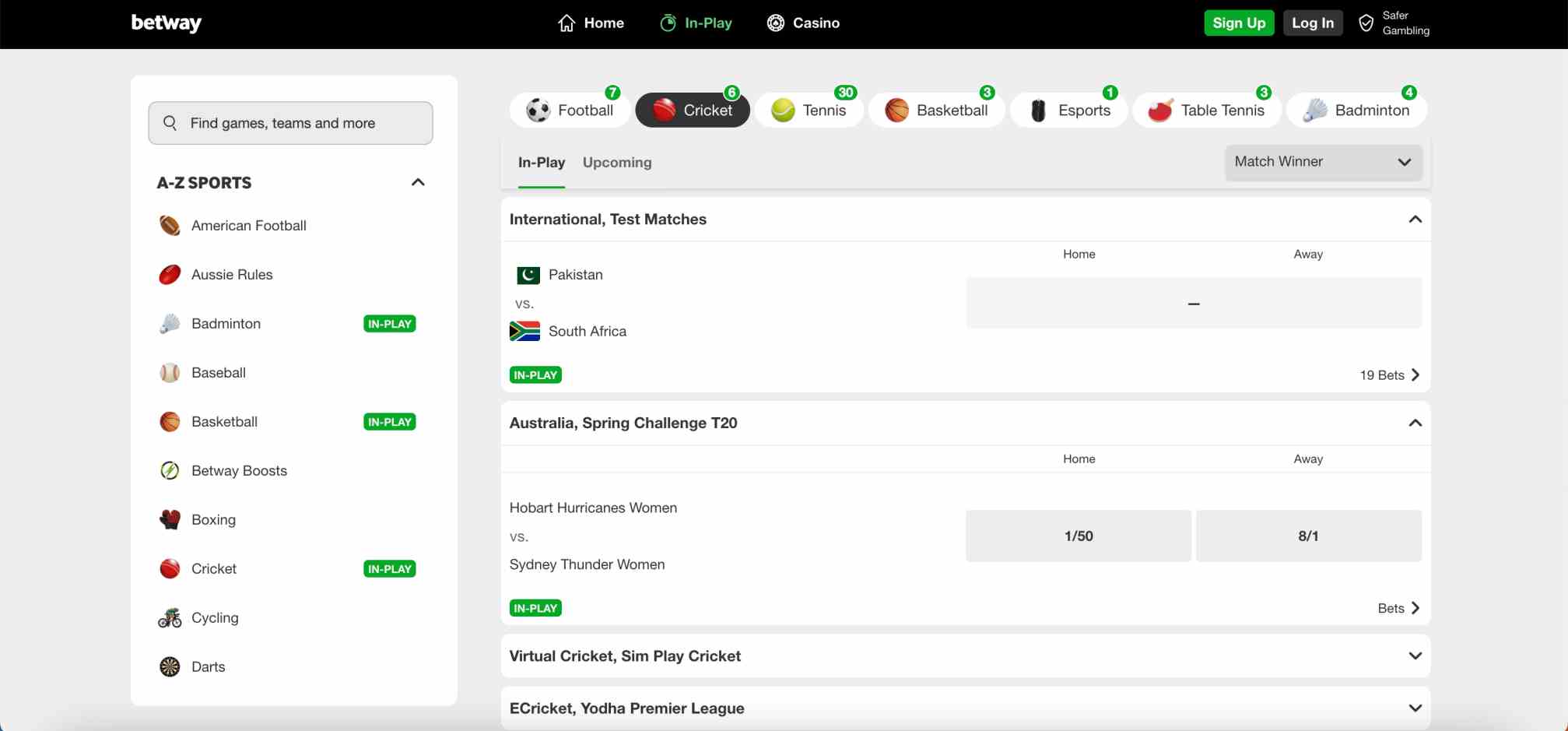 Betway sports betting interface showing in-play cricket and other sports options, illustrating where users can deposit to Betway with Revolut.