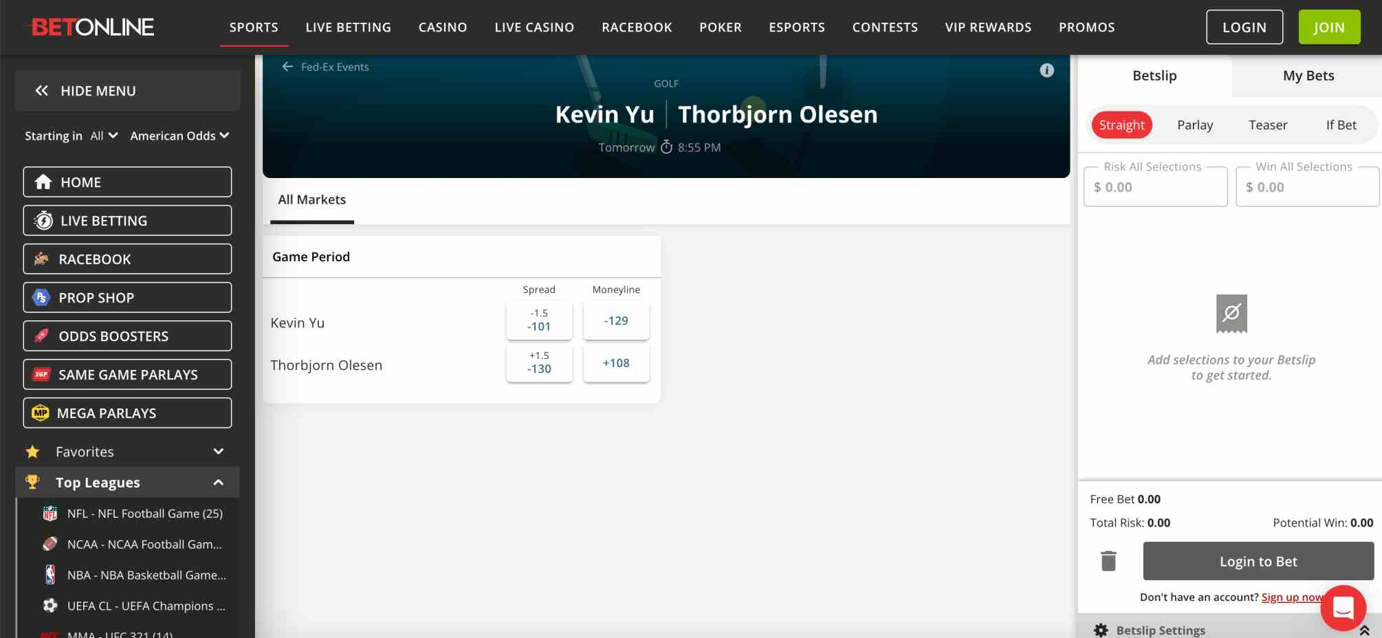 Kevin Yu vs Thorbjorn Olesen golf matchup on BetOnline showing spread and moneyline options — illustration for what does dead heat mean on BetOnline article.