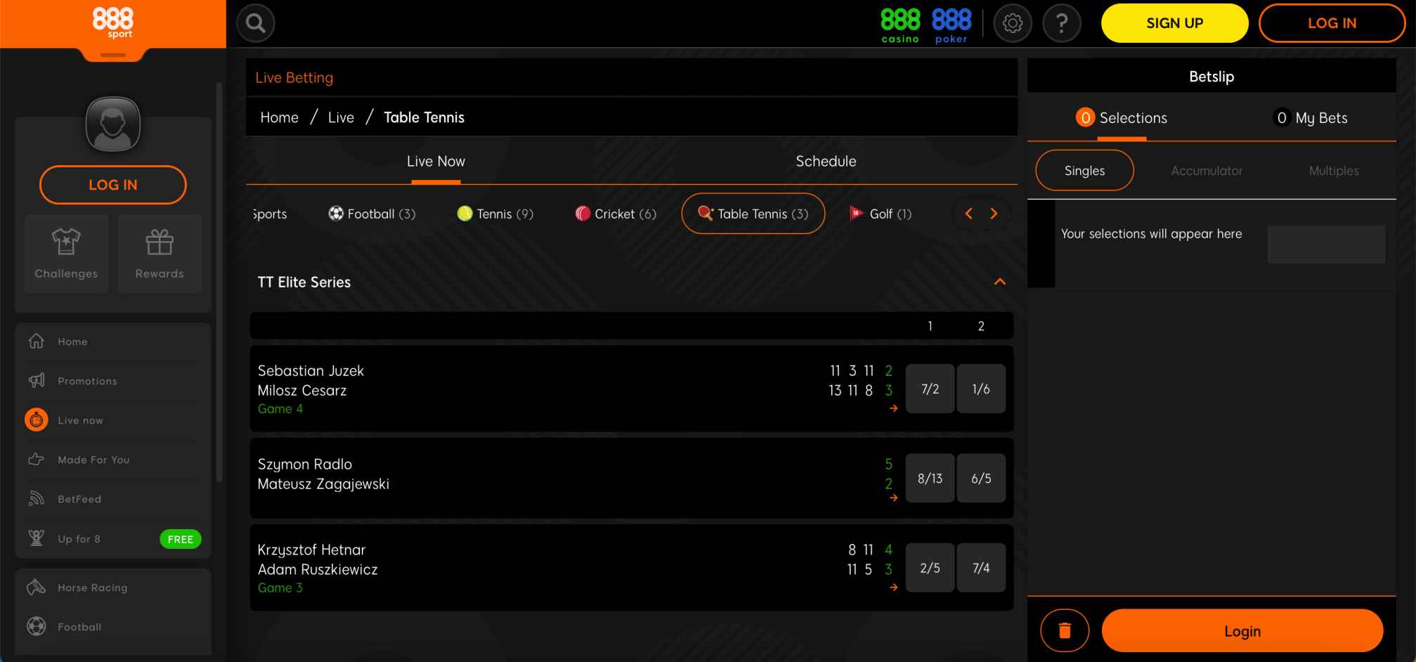Live table tennis betting interface on 888sport displaying TT Elite Series matches and odds.