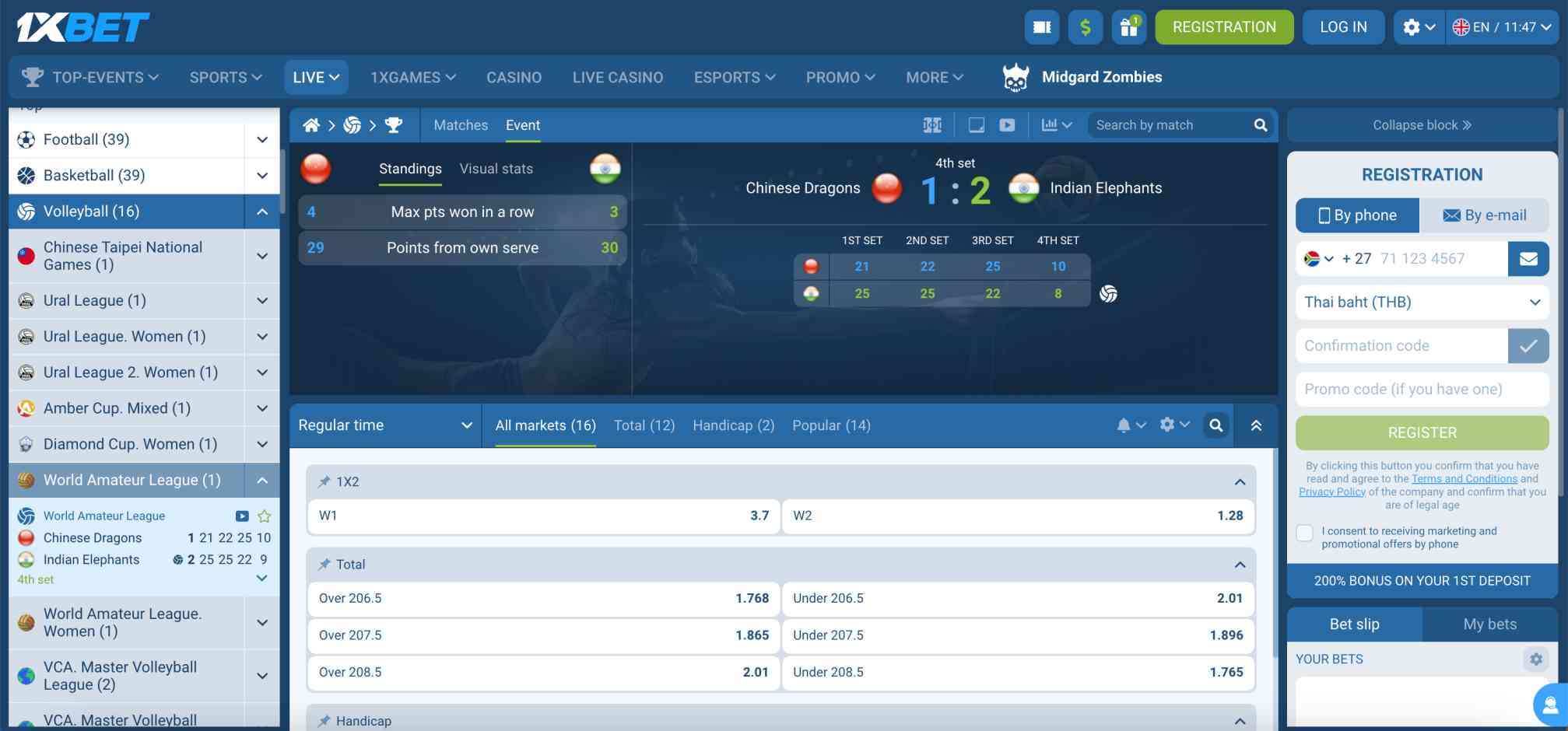 Volleyball match screen on 1xBet showing Chinese Dragons vs Indian Elephants with live scores and betting odds.