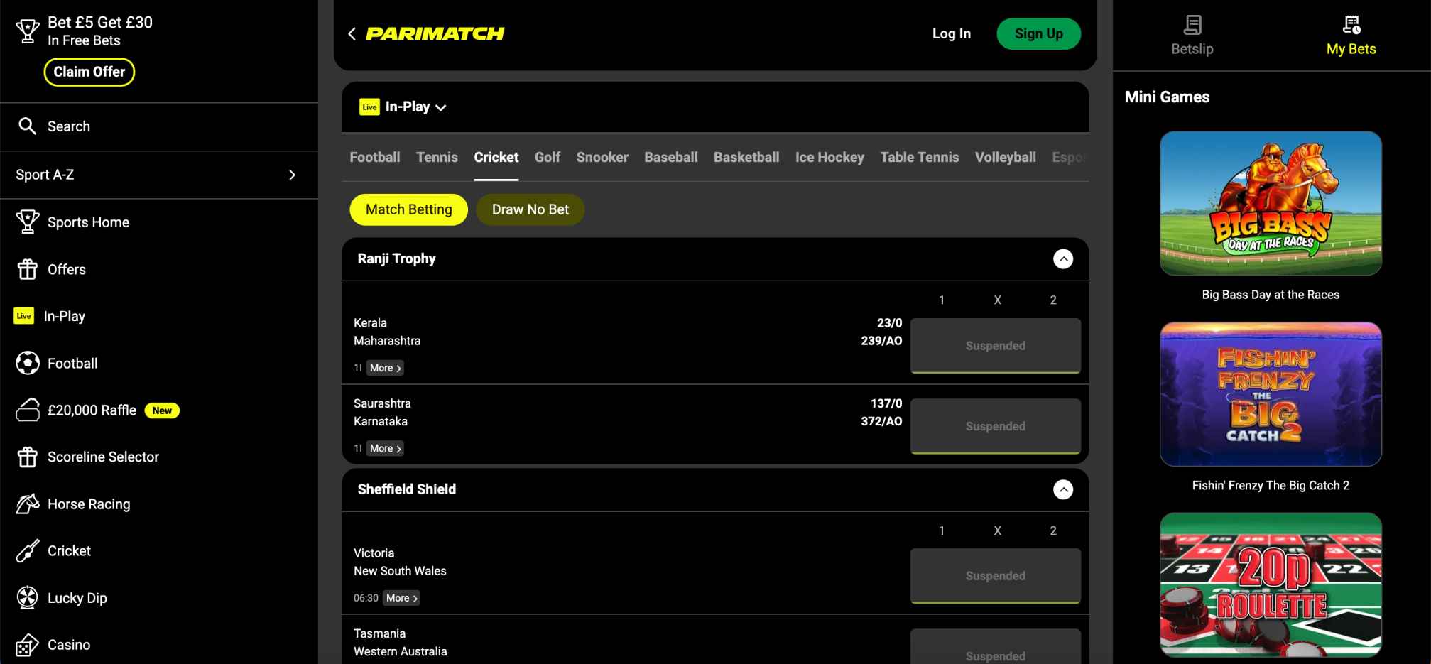 In-play cricket betting section on Parimatch platform showing Ranji Trophy and Sheffield Shield matches.