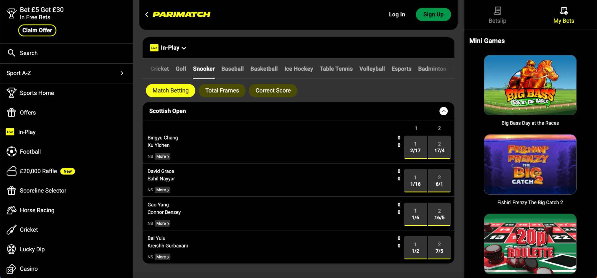 Parimatch betting page displaying live snooker match odds and deposit options for South African users.