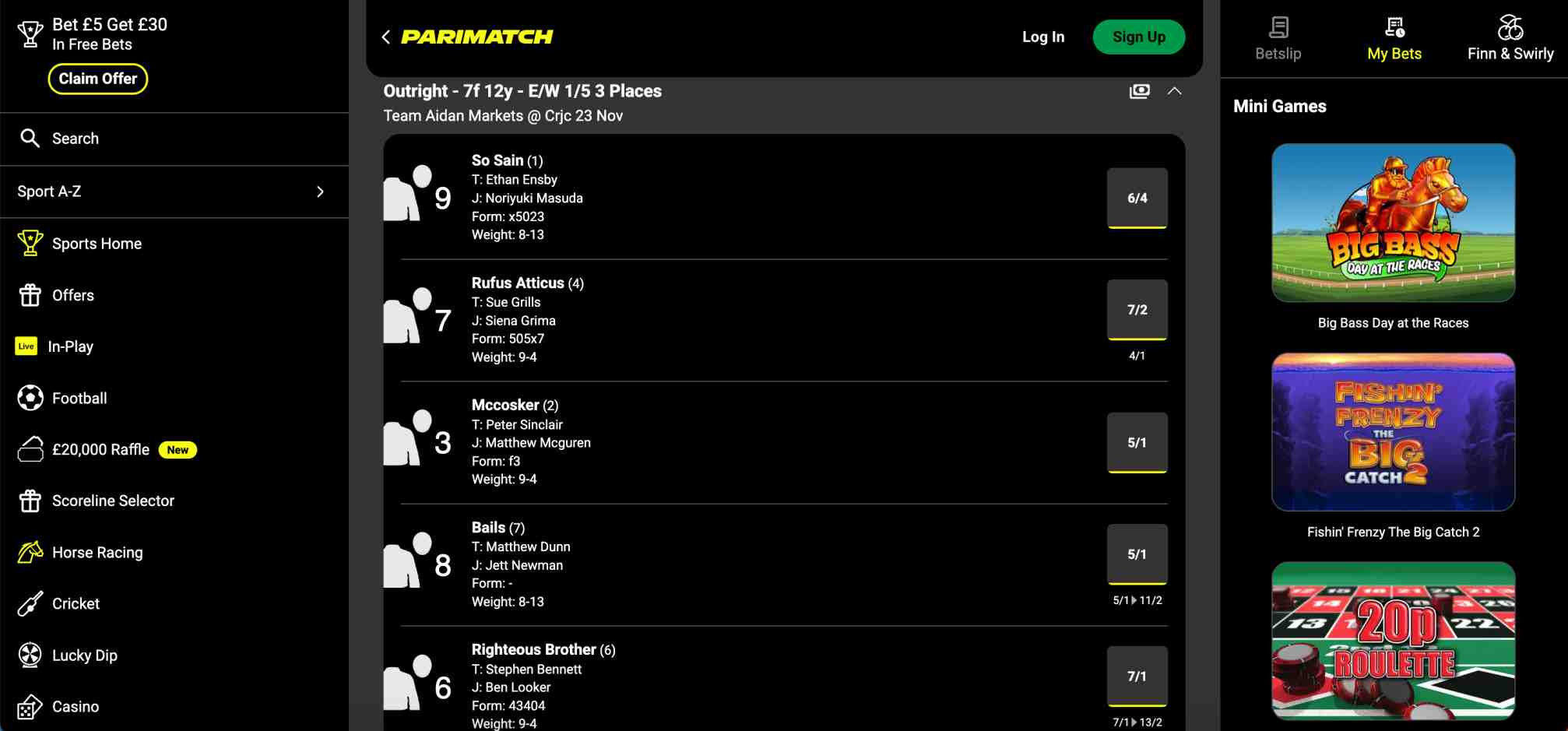 Parimatch what does each way mean example showing detailed horse race odds and runners.