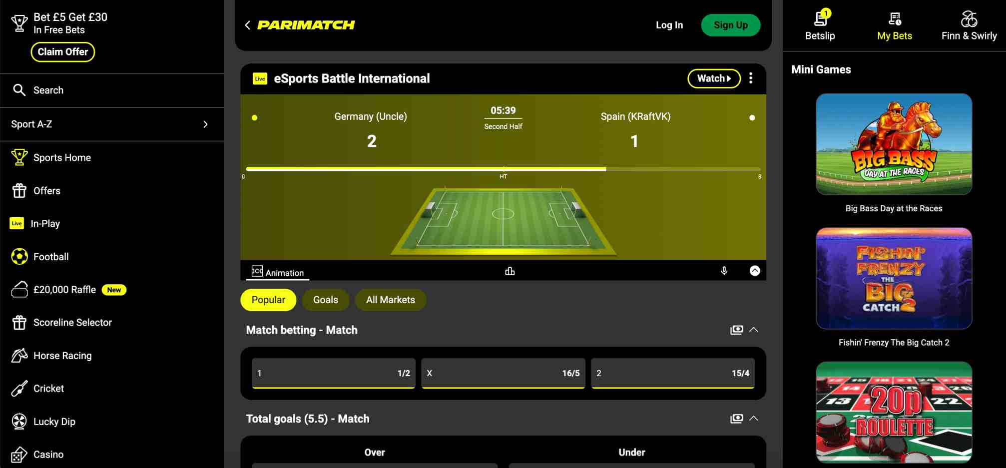 Parimatch eSports Battle International live football match between Germany and Spain shown on betting dashboard, illustrating Parimatch platform before account verification.