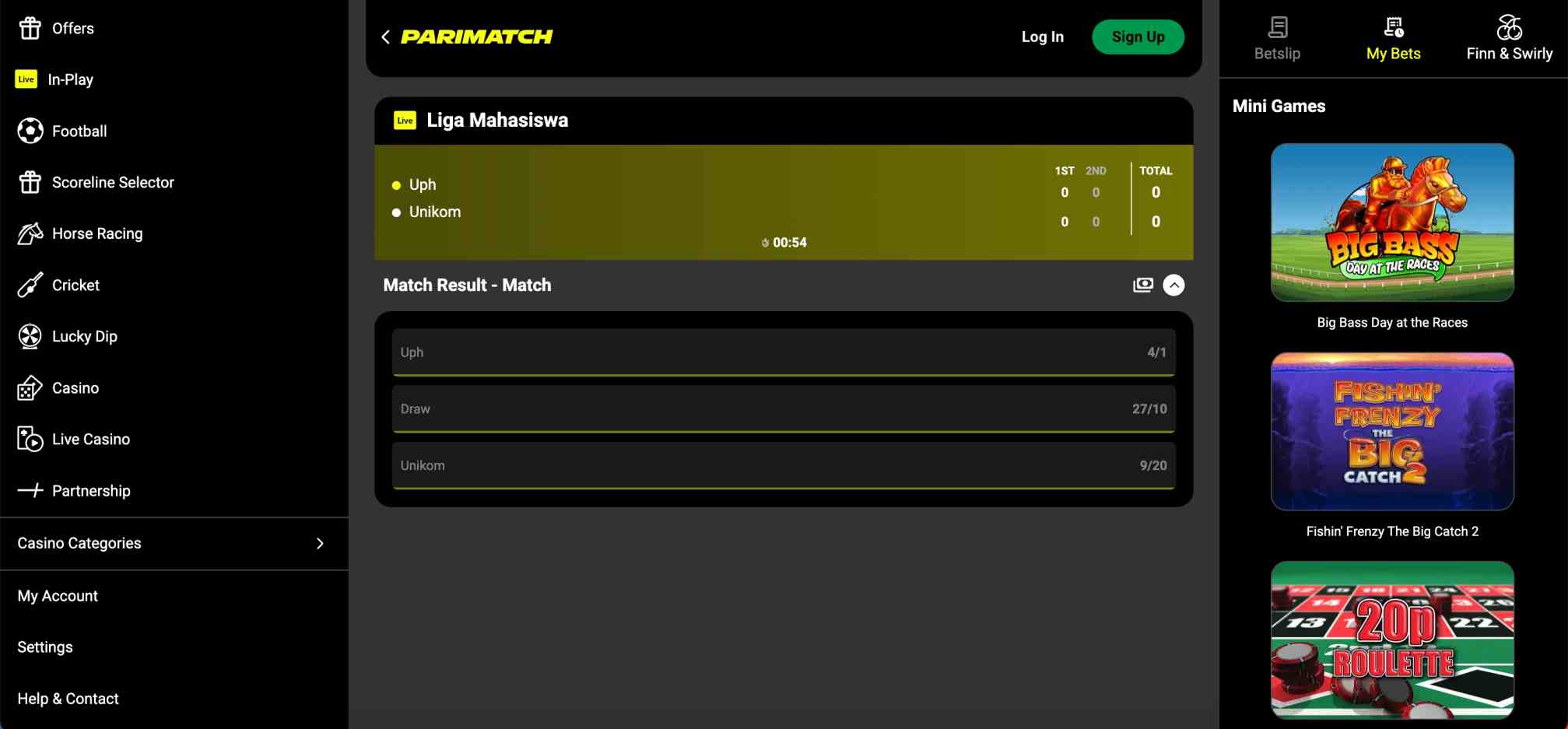 Parimatch football betting interface displaying Liga Mahasiswa live match odds for Uph vs Unikom, relevant to Parimatch bank withdrawal in Pakistan.