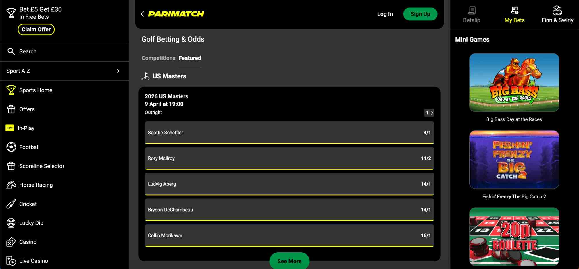 Parimatch golf betting odds page featuring US Masters event and player listings.