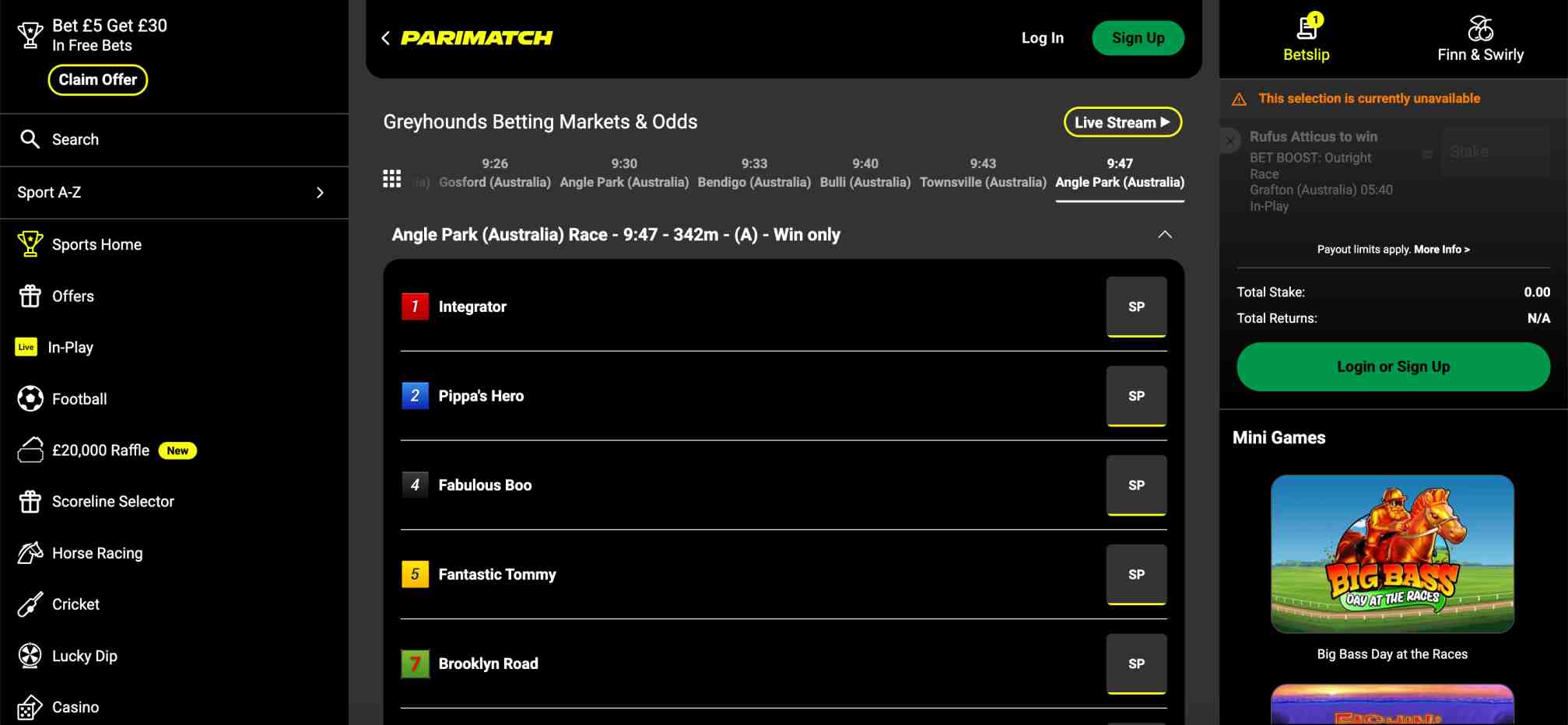 Parimatch greyhound betting interface showing Angle Park race details and odds.