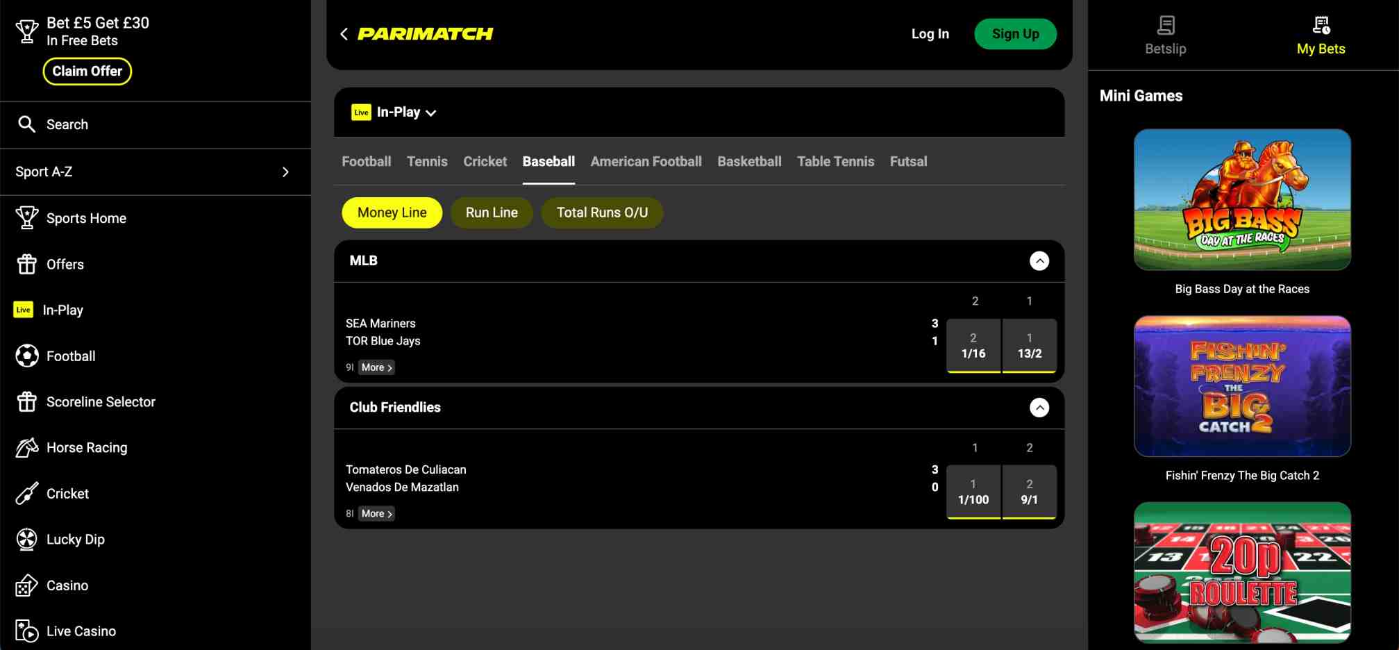 In-play betting section on Parimatch displaying live baseball and club friendly matches with betting odds.