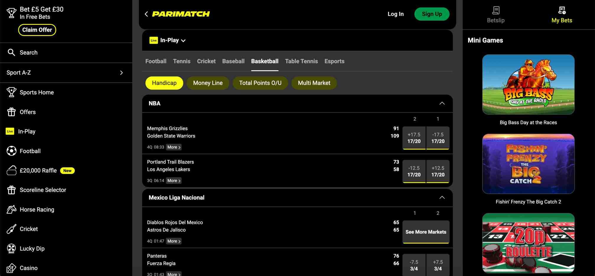Parimatch in-play basketball betting markets showing NBA live scores and odds — example when Parimatch your details weren't recognised issue appears.
