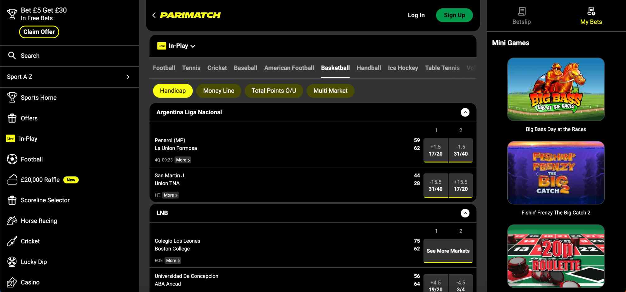 In-play betting page on Parimatch displaying basketball odds and markets for Argentina Liga Nacional games.