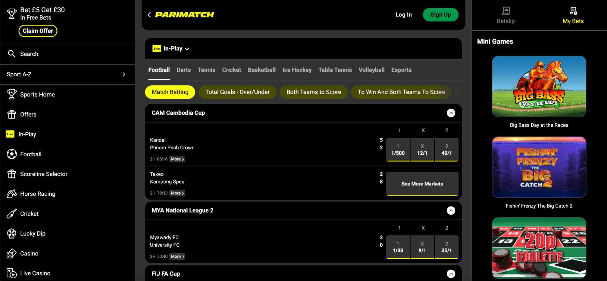 Parimatch in-play betting markets for Cambodia Cup and Myanmar National League matches