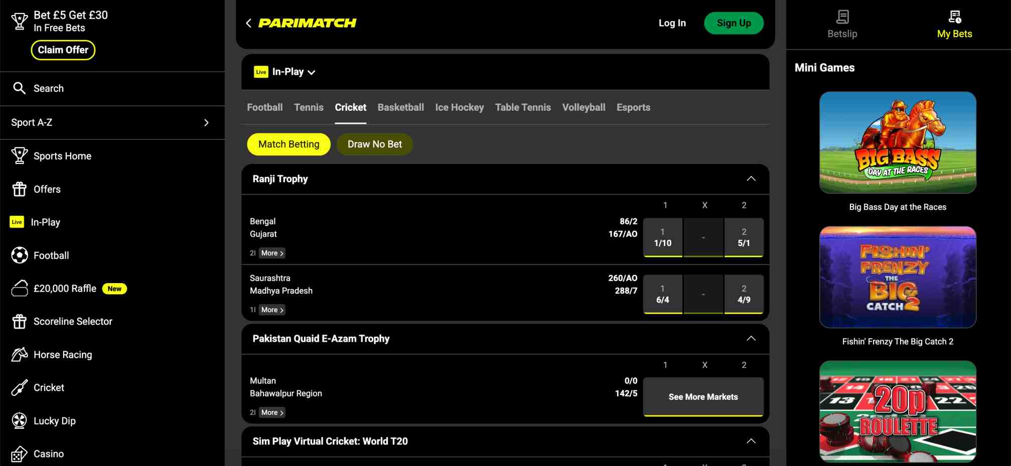 Parimatch in-play cricket betting screen showing Ranji Trophy matches and example odds, used in article about Parimatch enhanced verification.