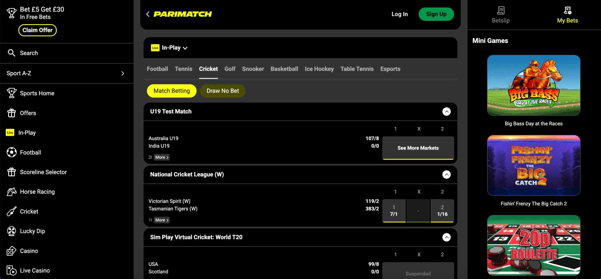 Parimatch in-play cricket betting screen displaying multiple live matches and odds for different leagues.