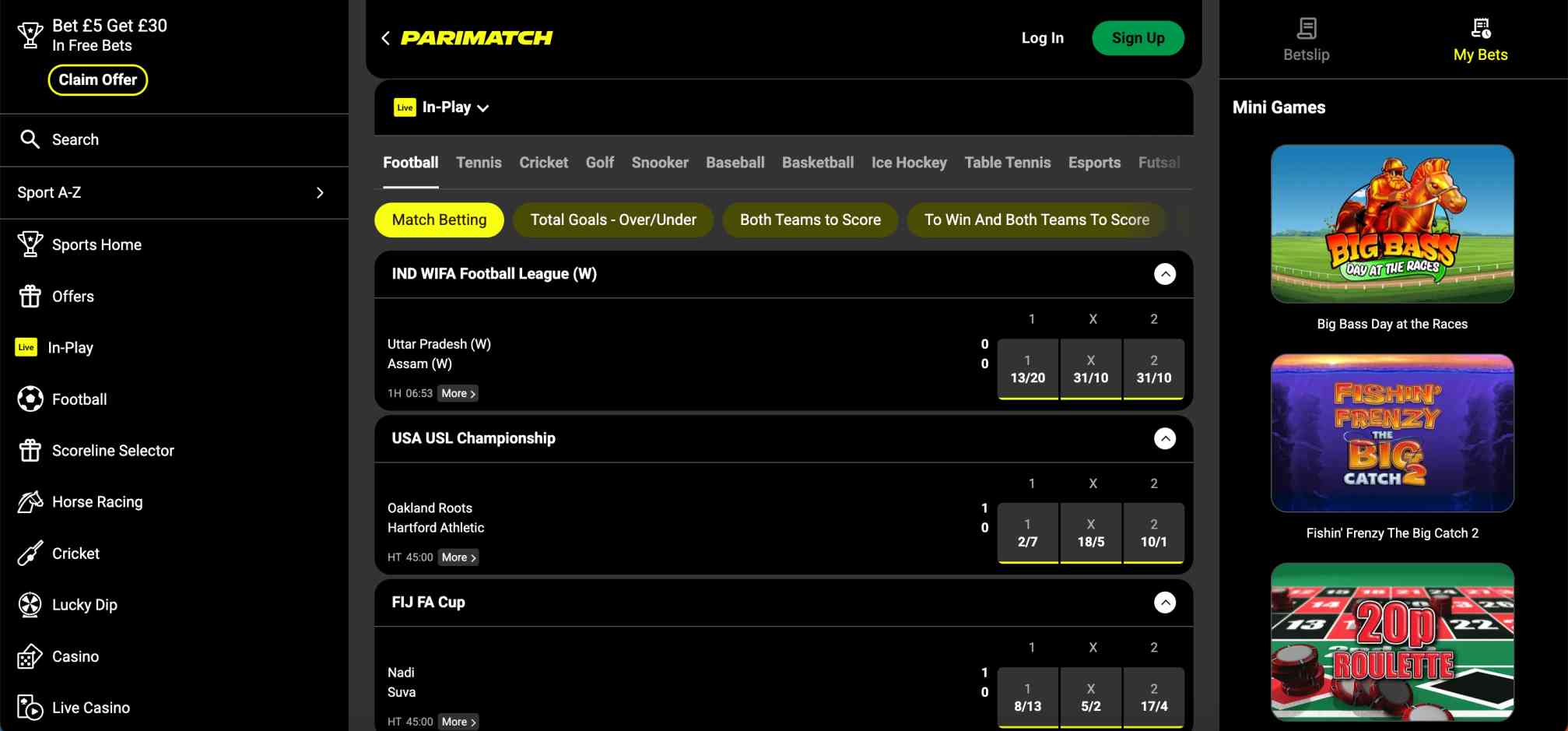 Parimatch in-play football odds page illustrating match betting options and header count as a shot discussion