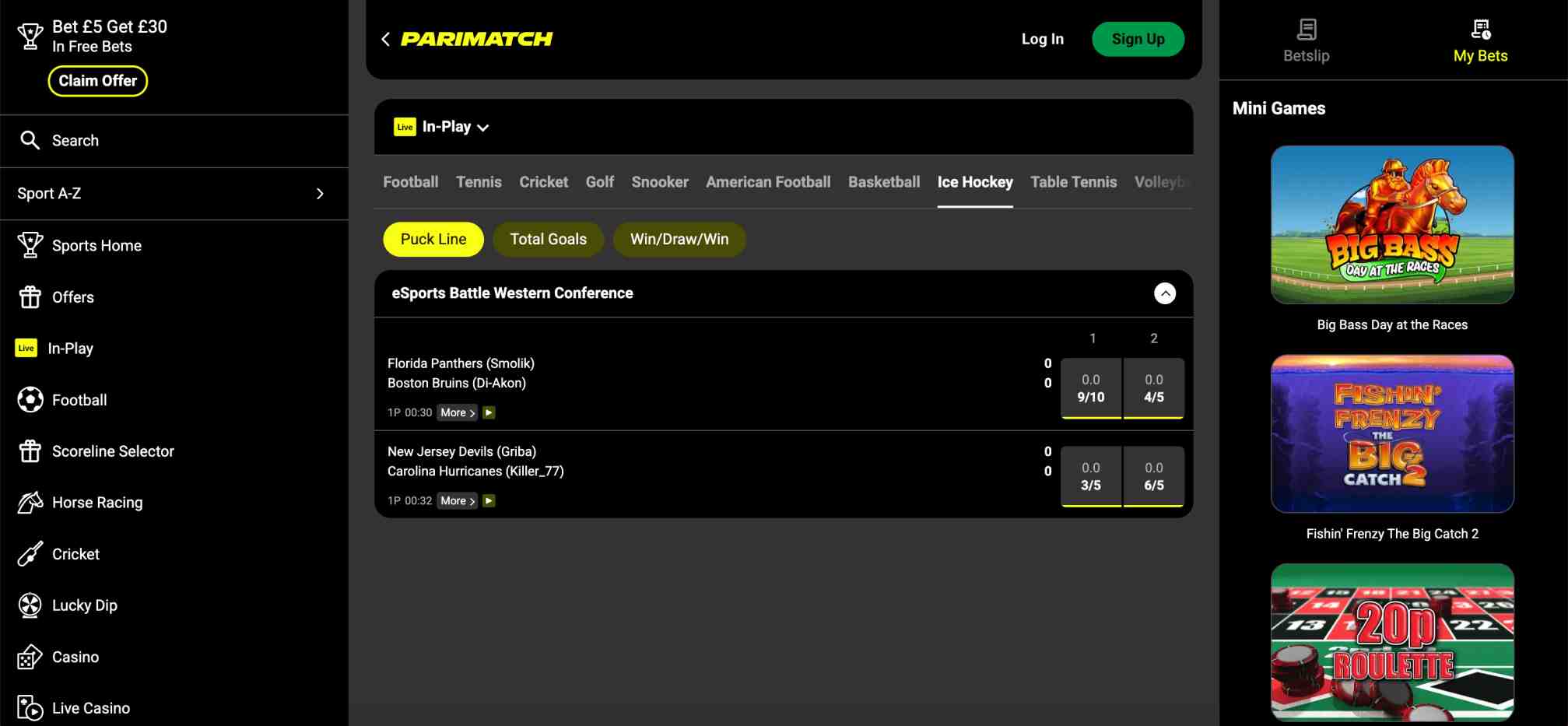 Parimatch in-play ice hockey betting options and live odds on the website interface.